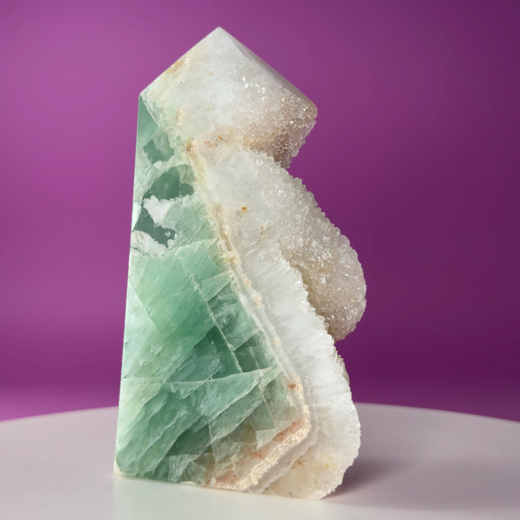 Green Fluorite Quartz Tower UV Reactive Crystal Druzy Natural Edge, Sugar Fluorite