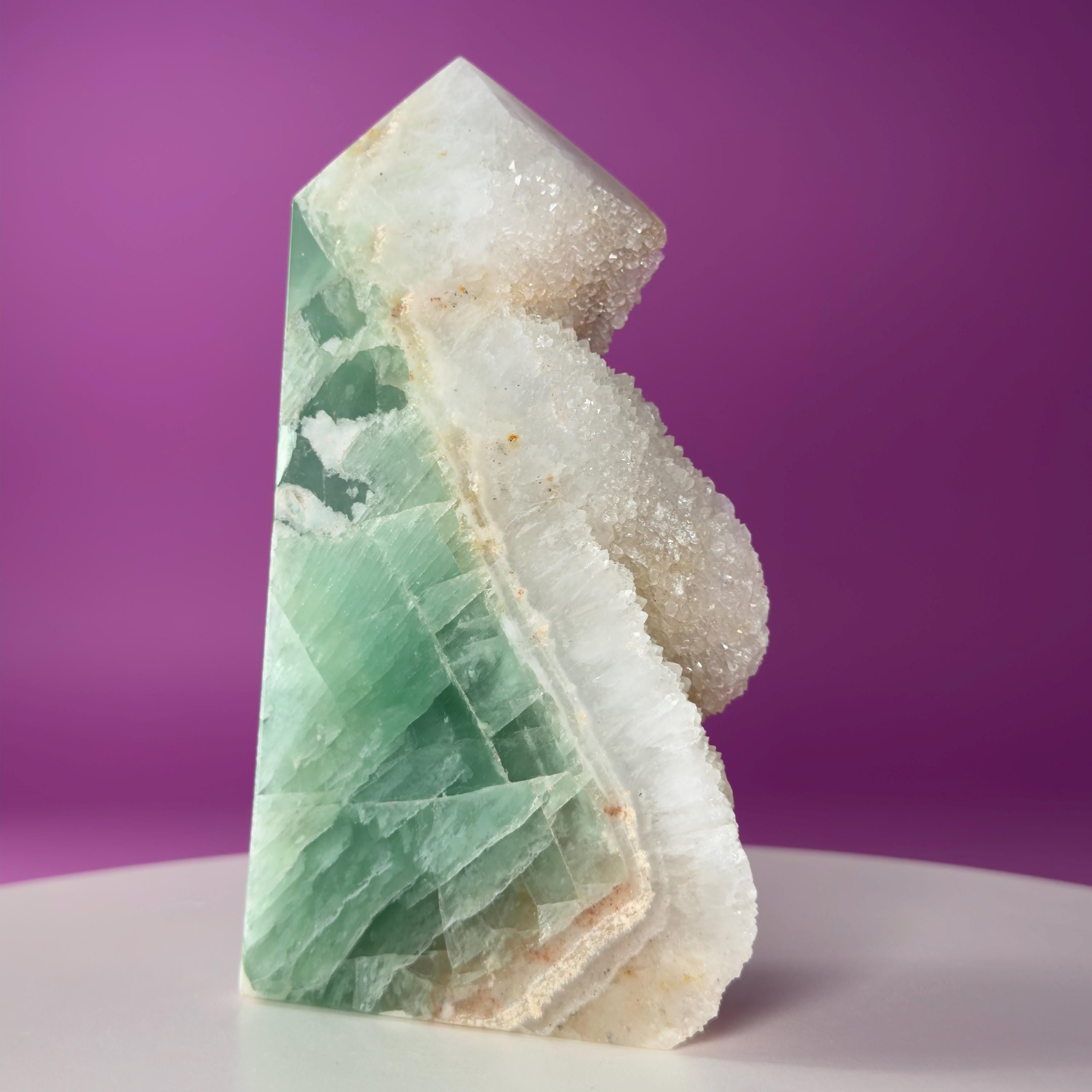 Green Fluorite Quartz Tower UV Reactive Crystal Druzy Natural Edge, Sugar Fluorite