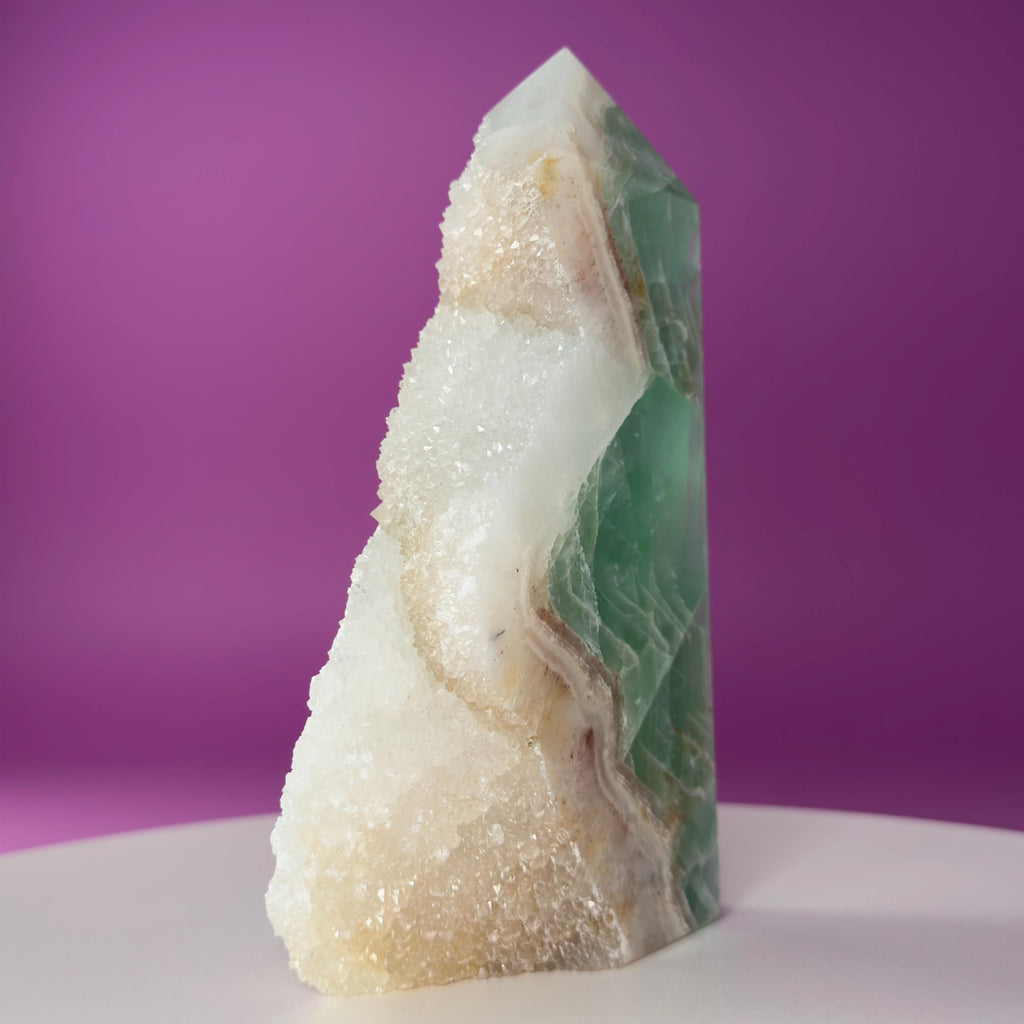 Green Fluorite Quartz Tower UV Reactive Crystal Druzy Natural Edge, Sugar Fluorite