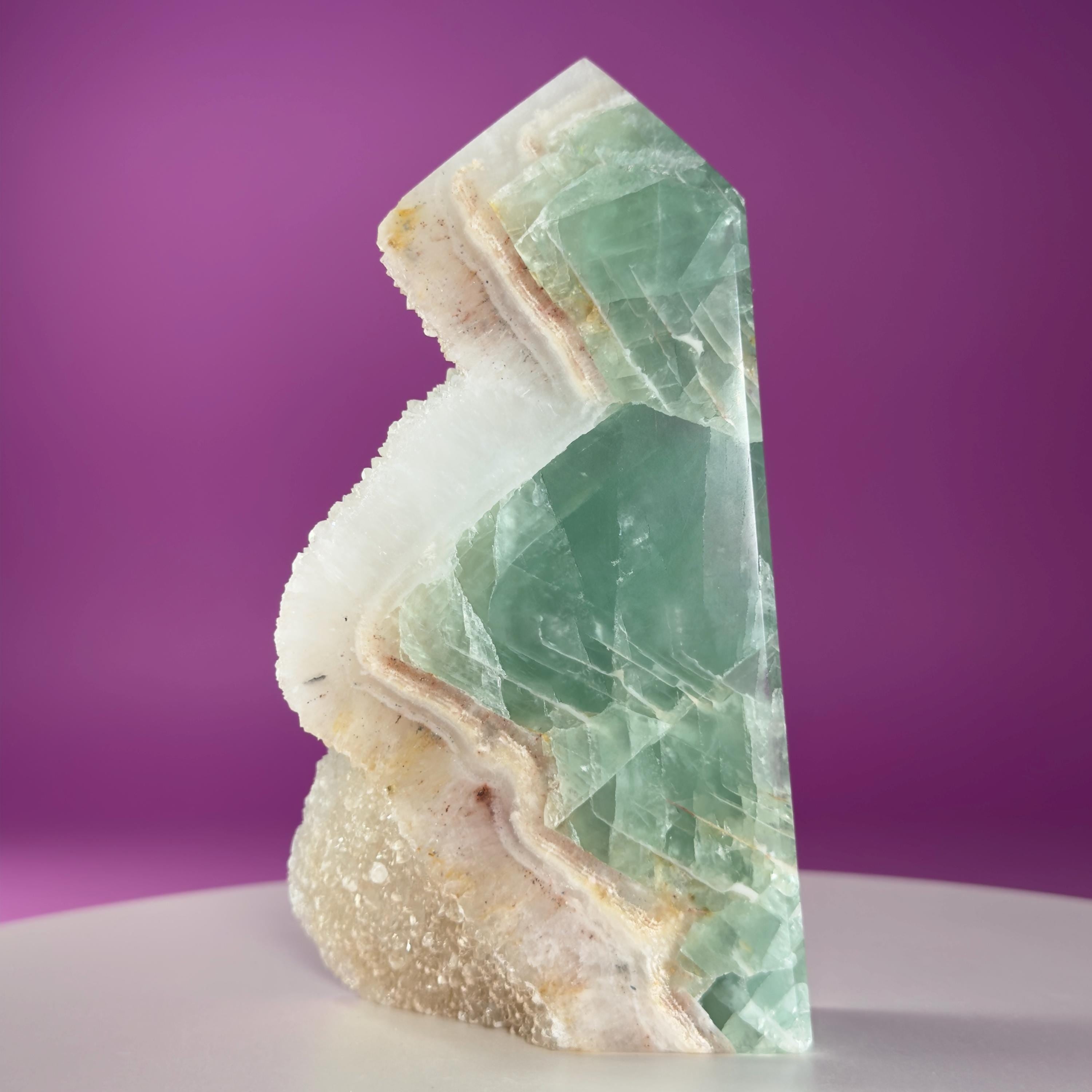 Green Fluorite Quartz Tower UV Reactive Crystal Druzy Natural Edge, Sugar Fluorite