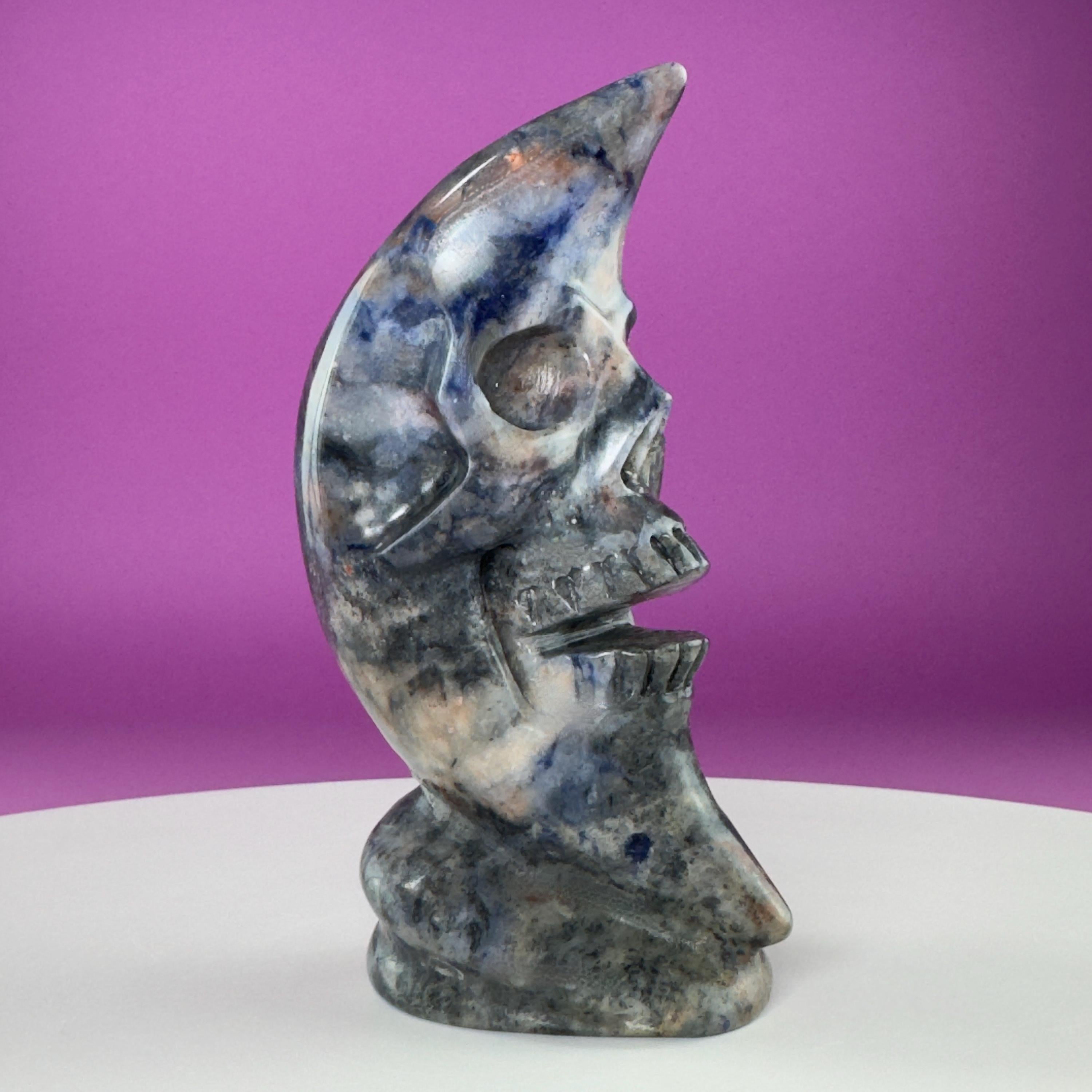 Sodalite Moon Skull Carving Celestial Crystal Sculpture, Blue Stone Decor
