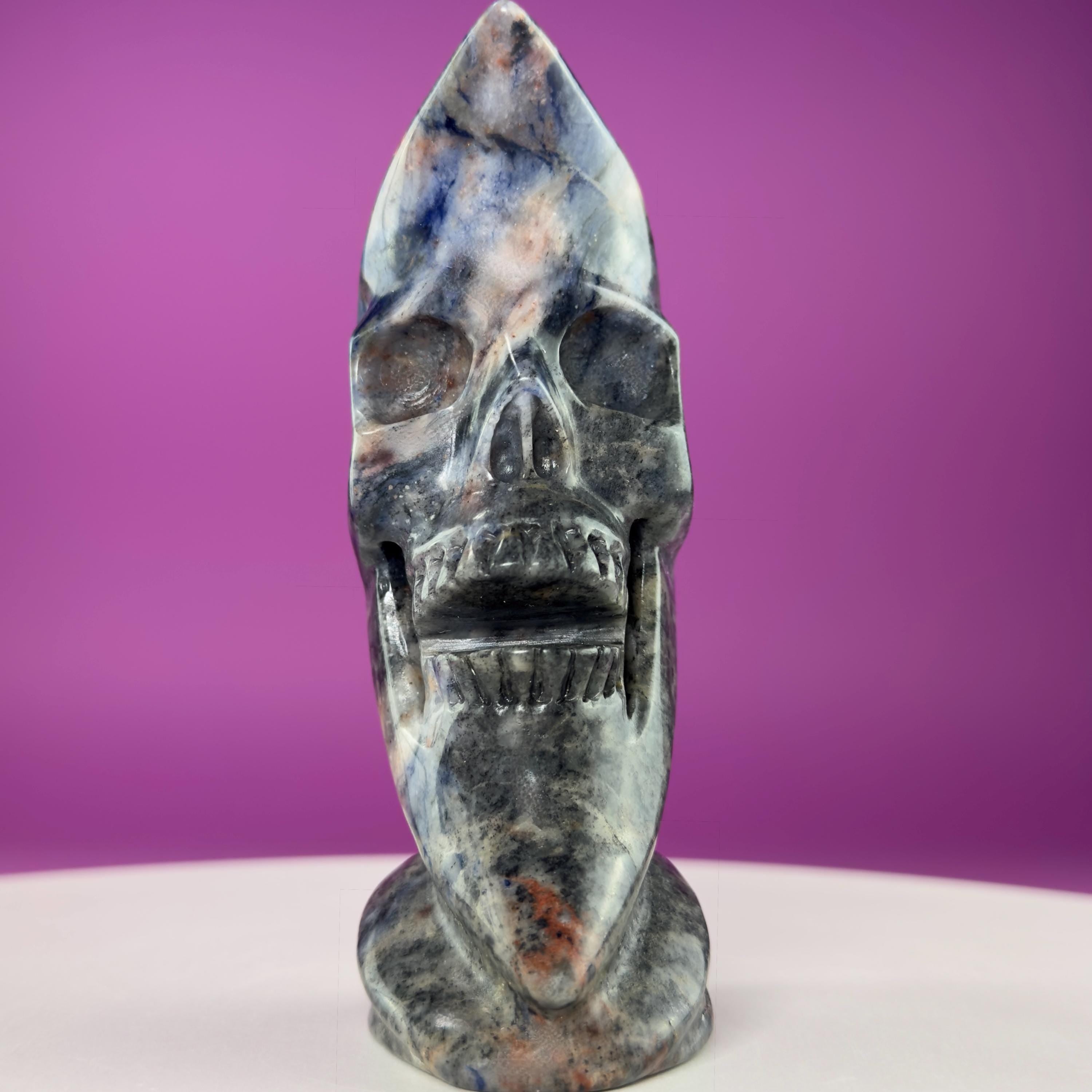 Sodalite Moon Skull Carving Celestial Crystal Sculpture, Blue Stone Decor