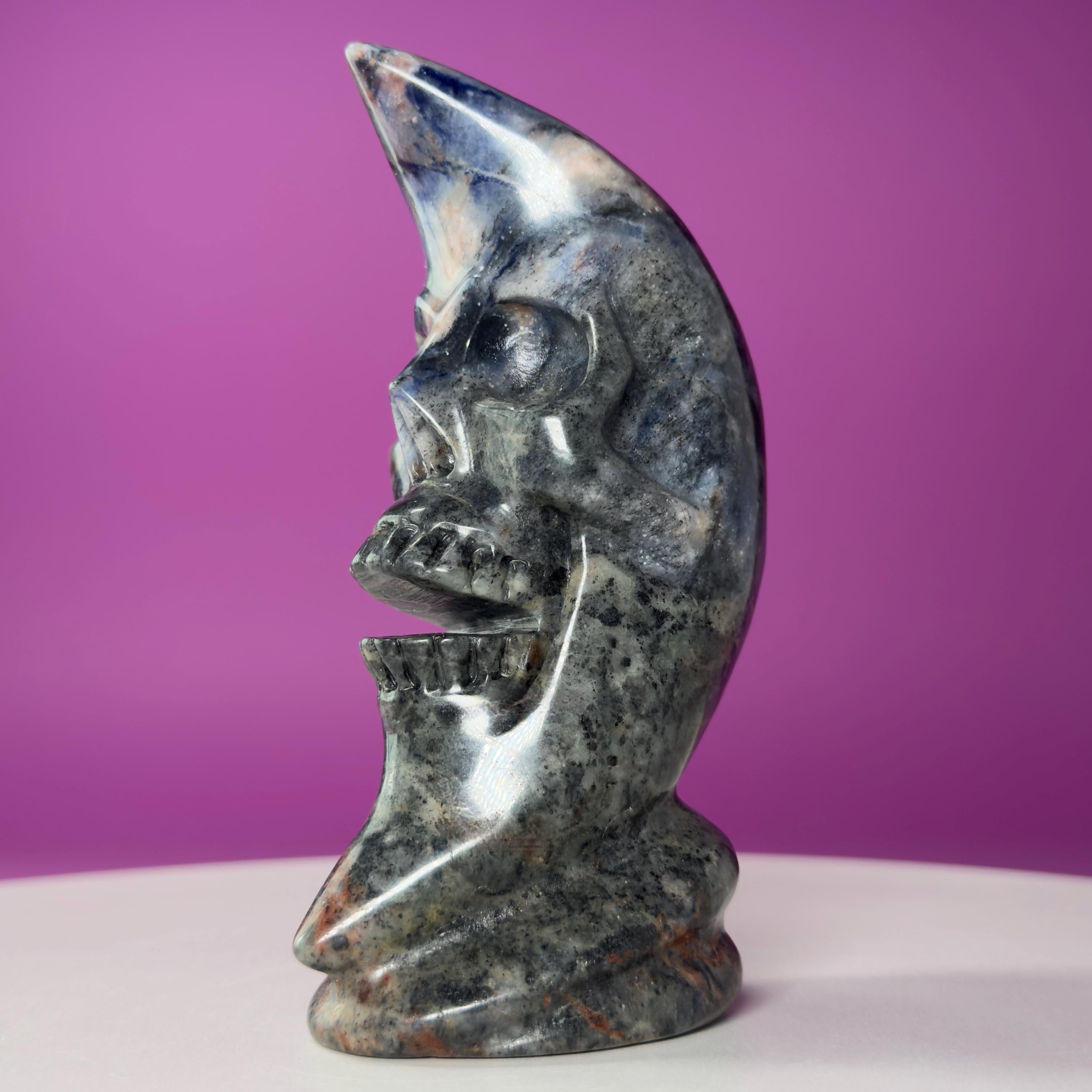 Sodalite Moon Skull Carving Celestial Crystal Sculpture, Blue Stone Decor