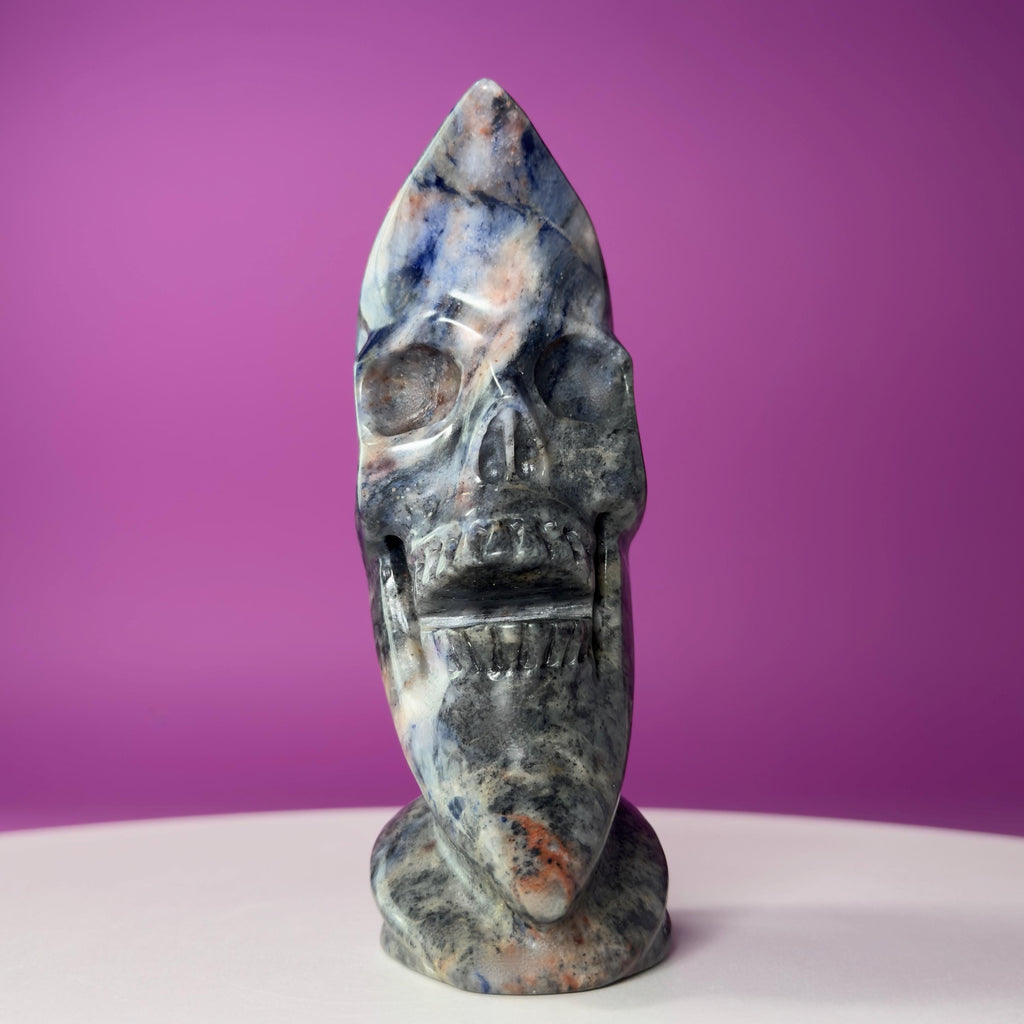 Sodalite Moon Skull Carving Celestial Crystal Sculpture, Blue Stone Decor