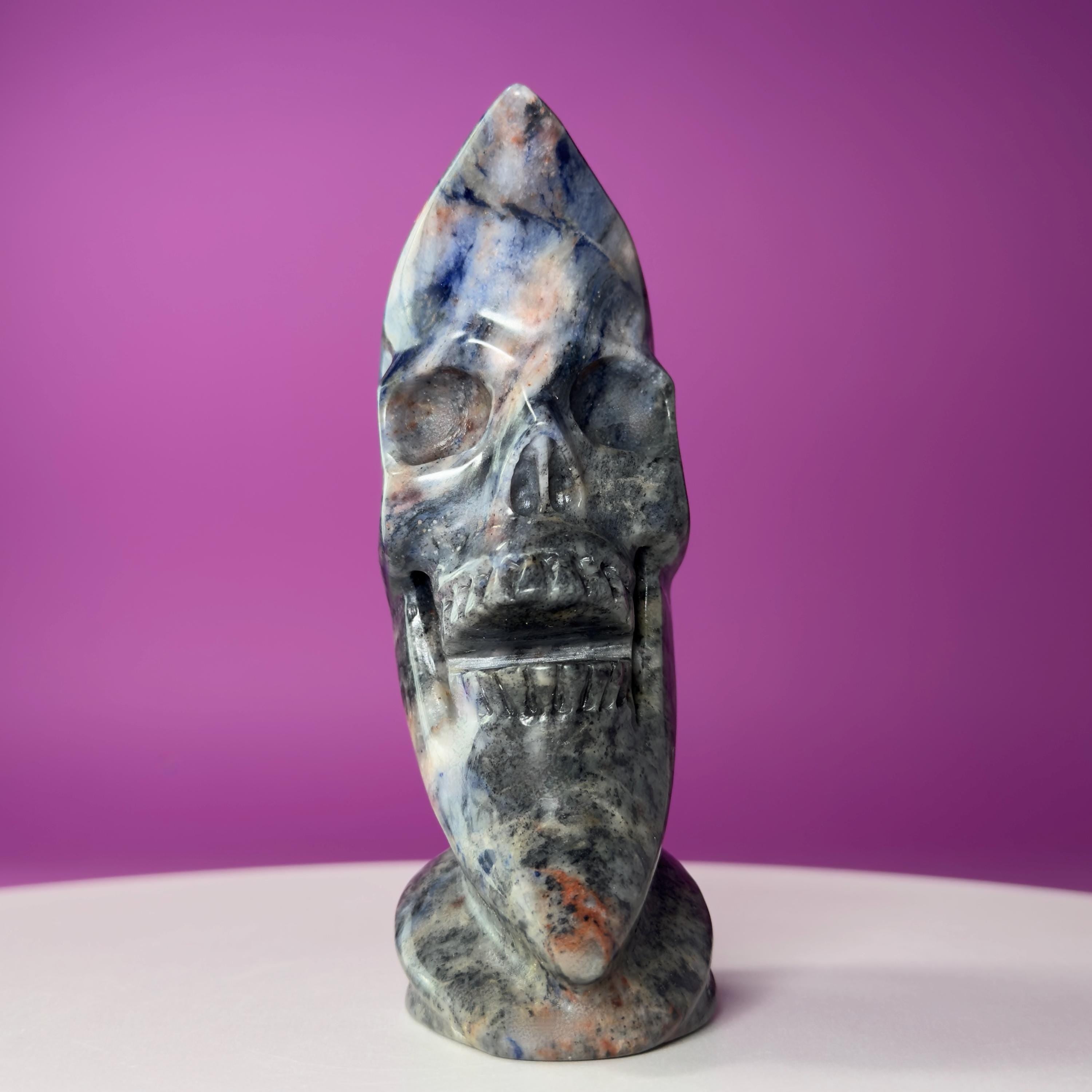 Sodalite Moon Skull Carving Celestial Crystal Sculpture, Blue Stone Decor