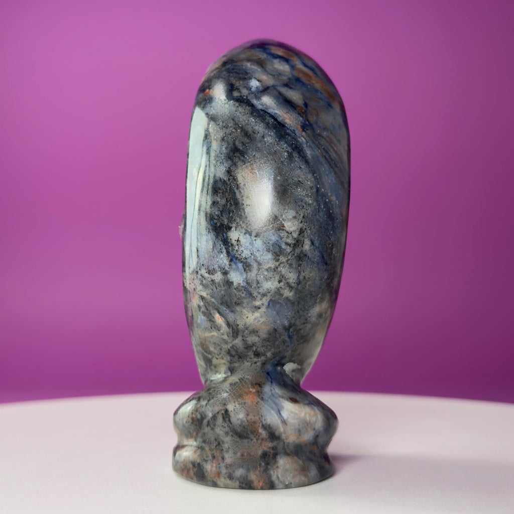 Sodalite Moon Skull Carving Celestial Crystal Sculpture, Blue Stone Decor