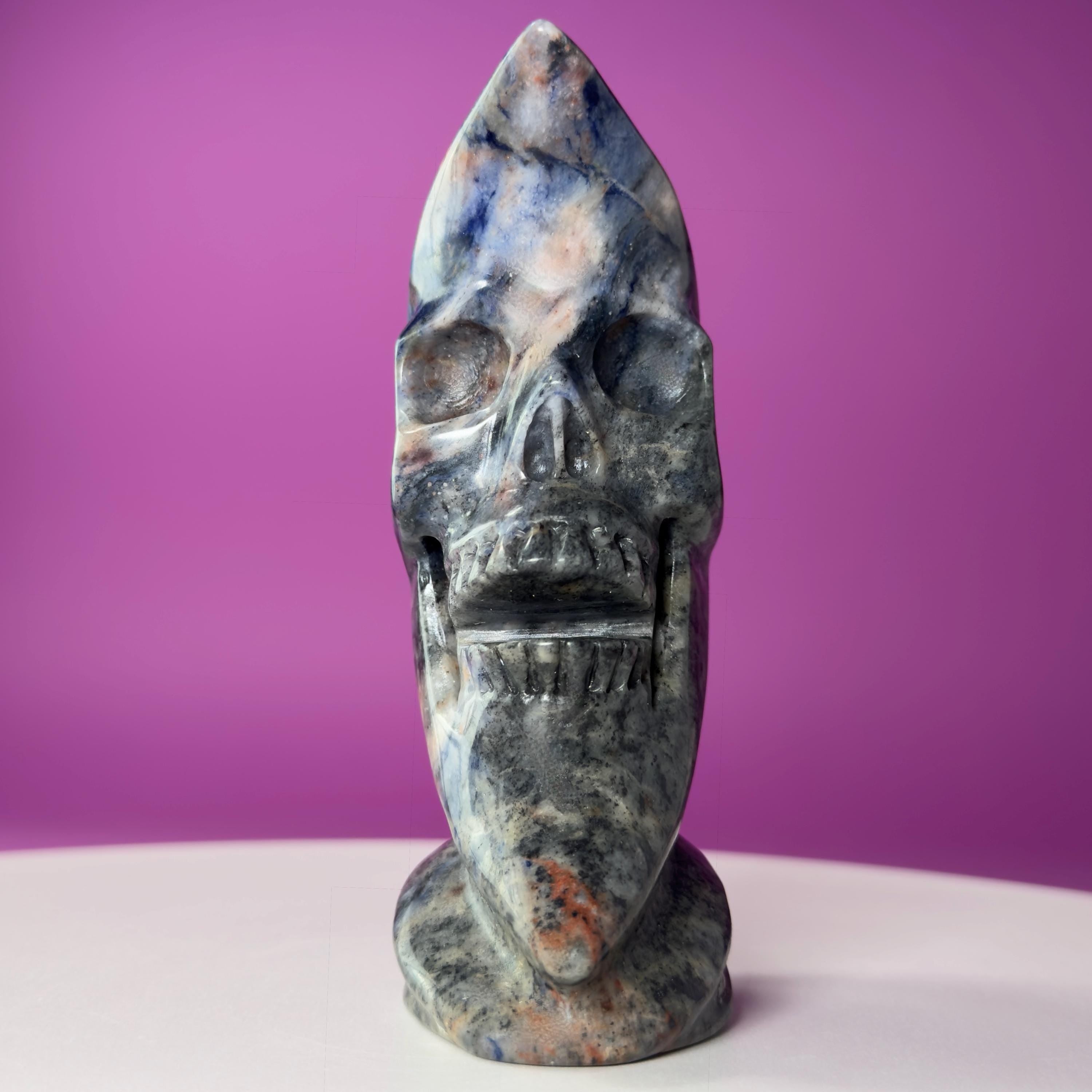 Sodalite Moon Skull Carving Celestial Crystal Sculpture, Blue Stone Decor