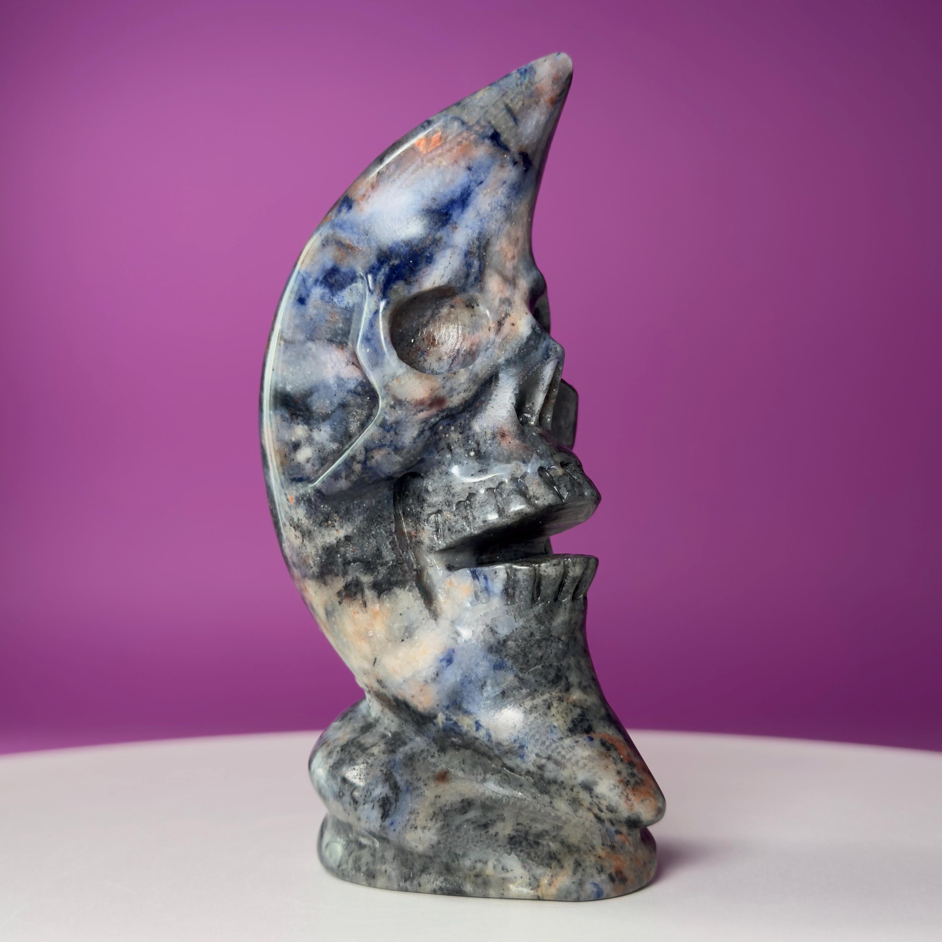 Sodalite Moon Skull Carving Celestial Crystal Sculpture, Blue Stone Decor