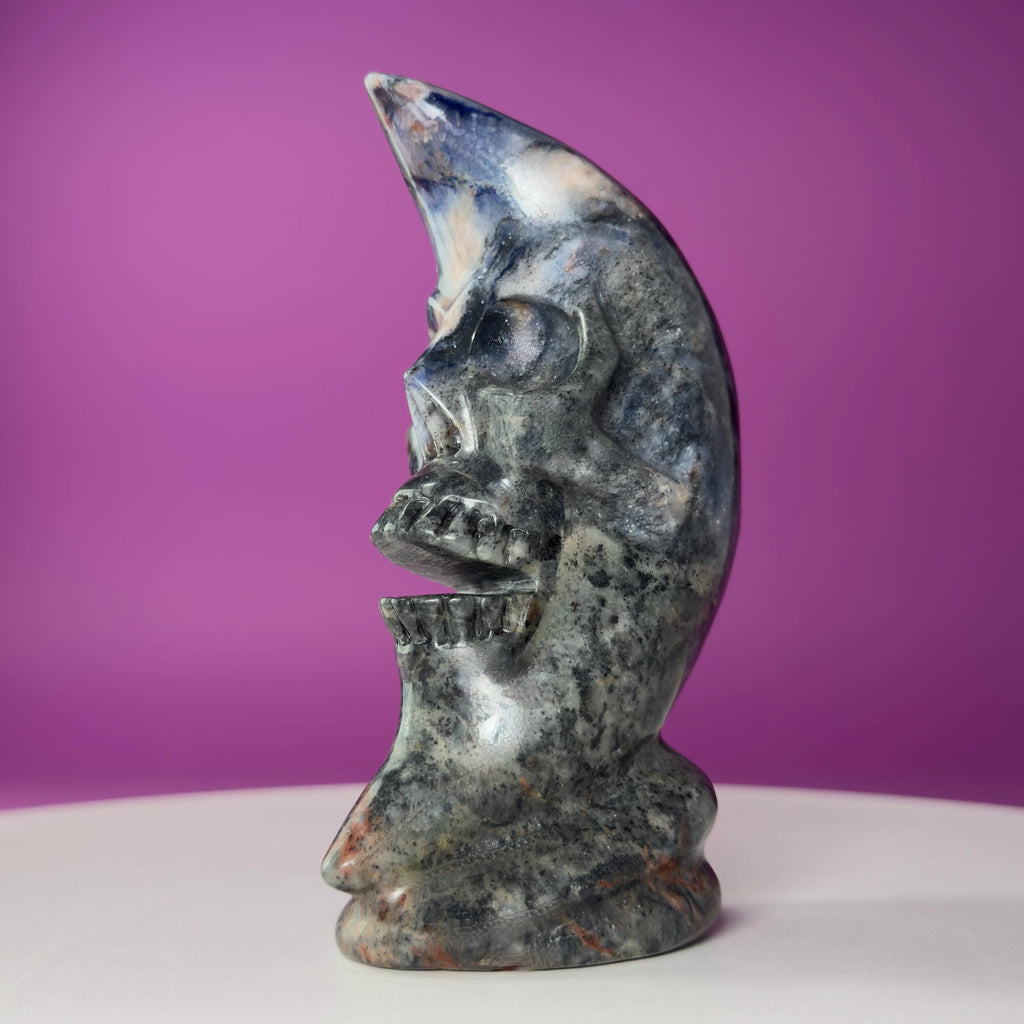Sodalite Moon Skull Carving Celestial Crystal Sculpture, Blue Stone Decor