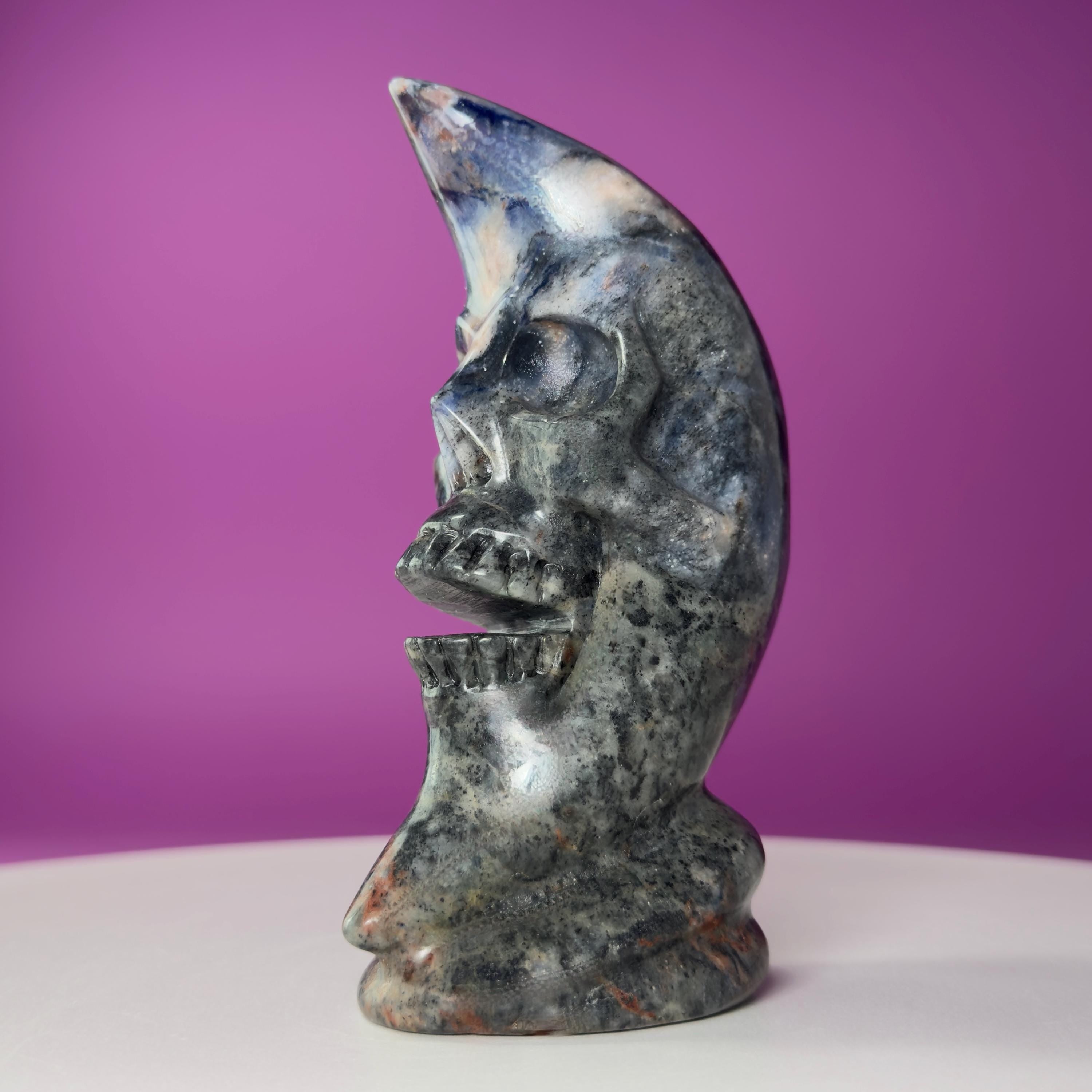 Sodalite Moon Skull Carving Celestial Crystal Sculpture, Blue Stone Decor