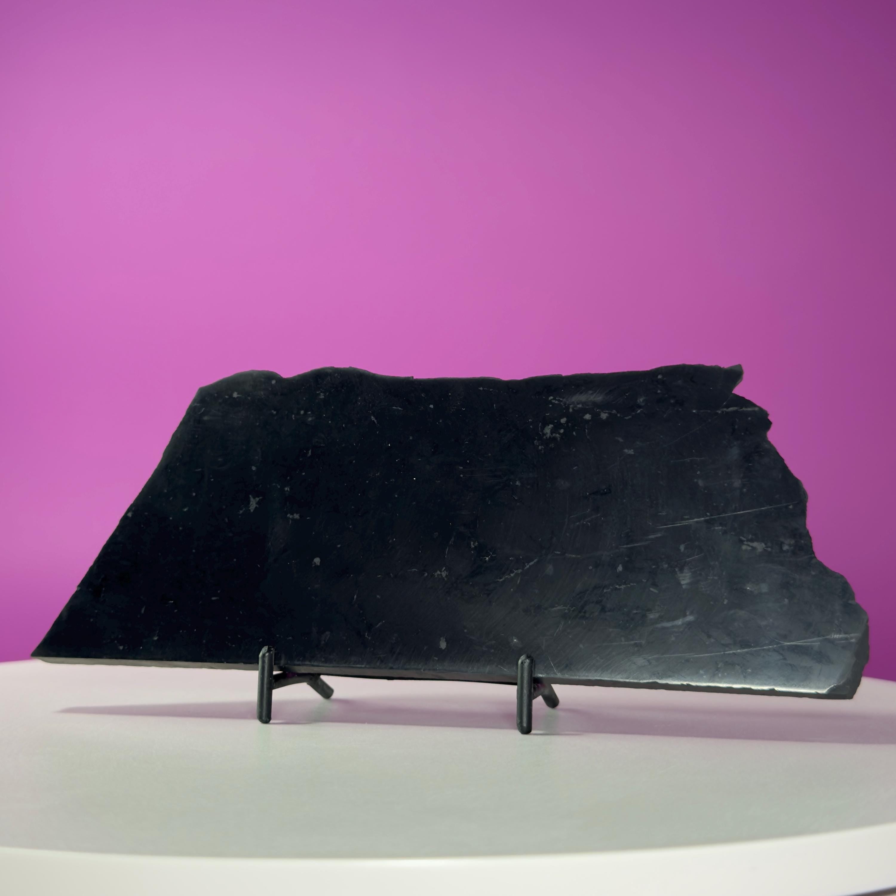 Shungite Slab with Black Metal Stand, Grounding Crystal Display Piece