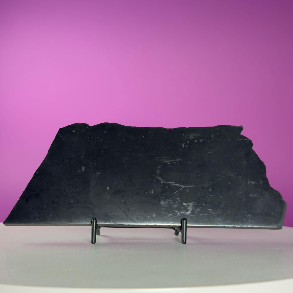 Shungite Slab with Black Metal Stand, Grounding Crystal Display Piece