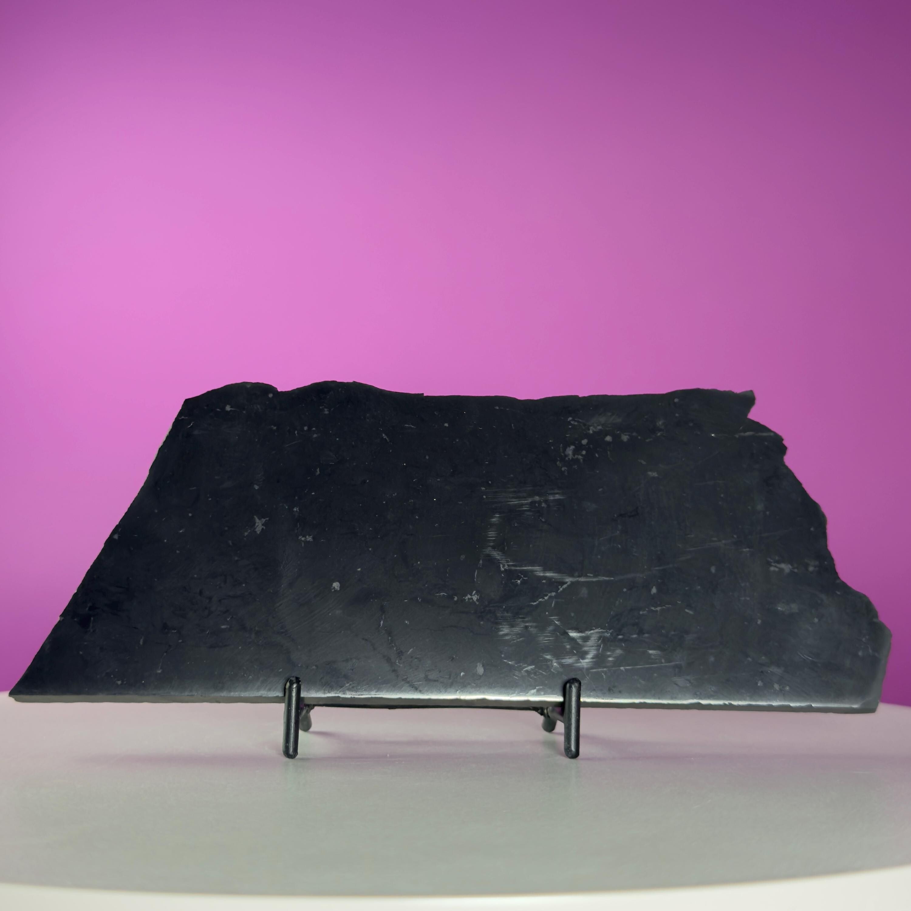 Shungite Slab with Black Metal Stand, Grounding Crystal Display Piece