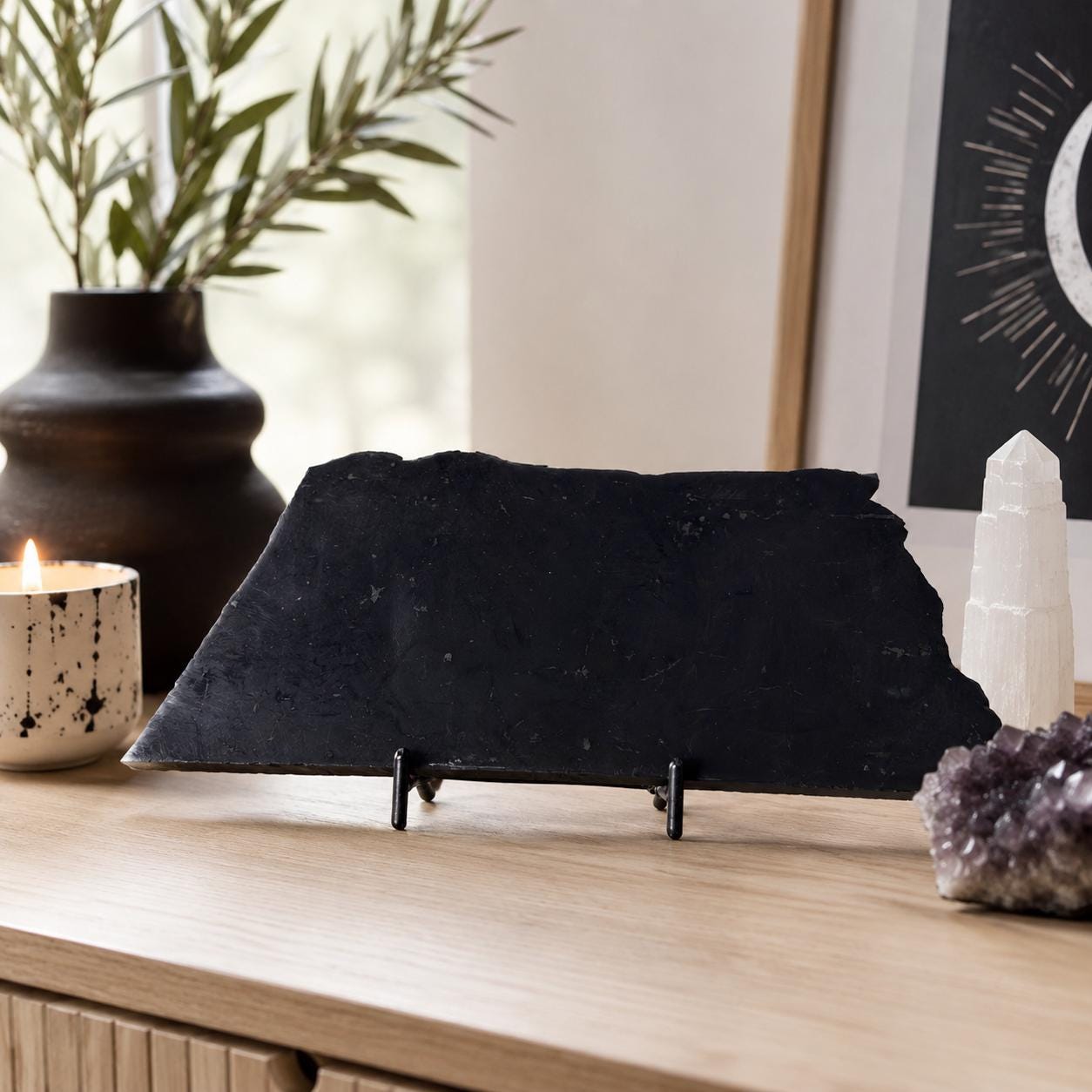 Shungite Slab with Black Metal Stand, Grounding Crystal Display Piece