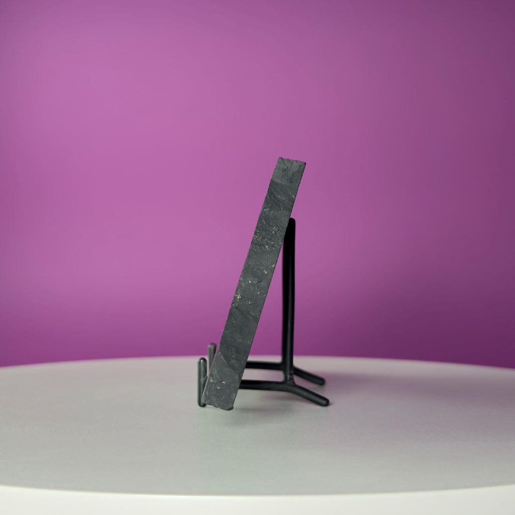 Shungite Slab with Black Metal Stand, Grounding Crystal Display Piece