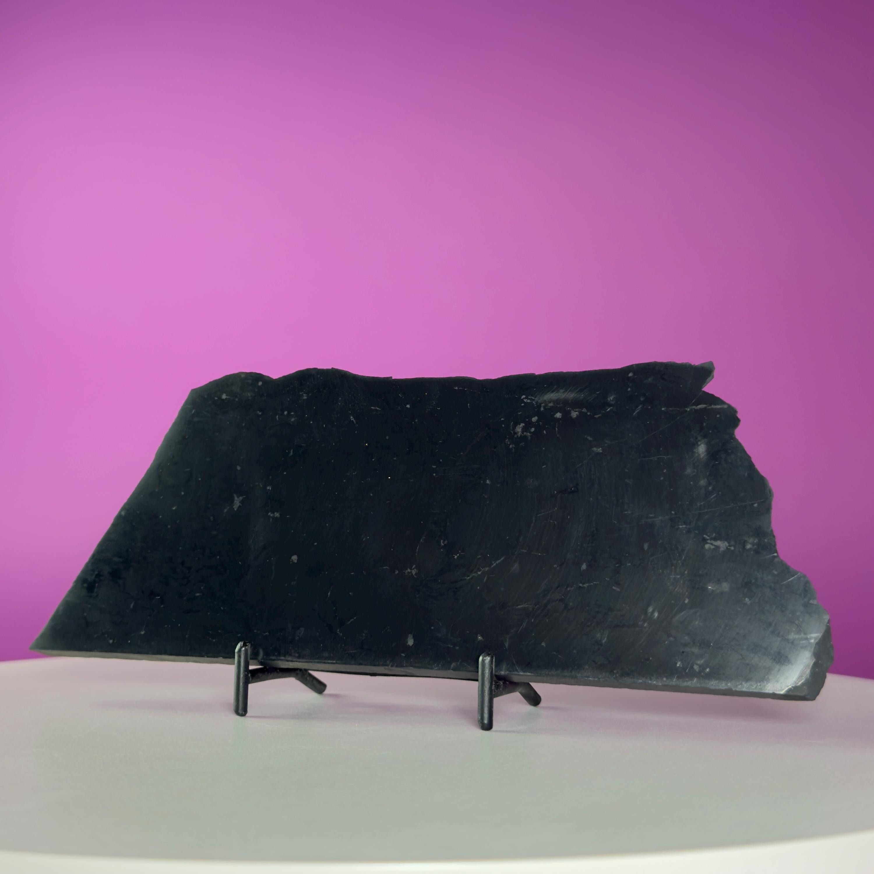 Shungite Slab with Black Metal Stand, Grounding Crystal Display Piece