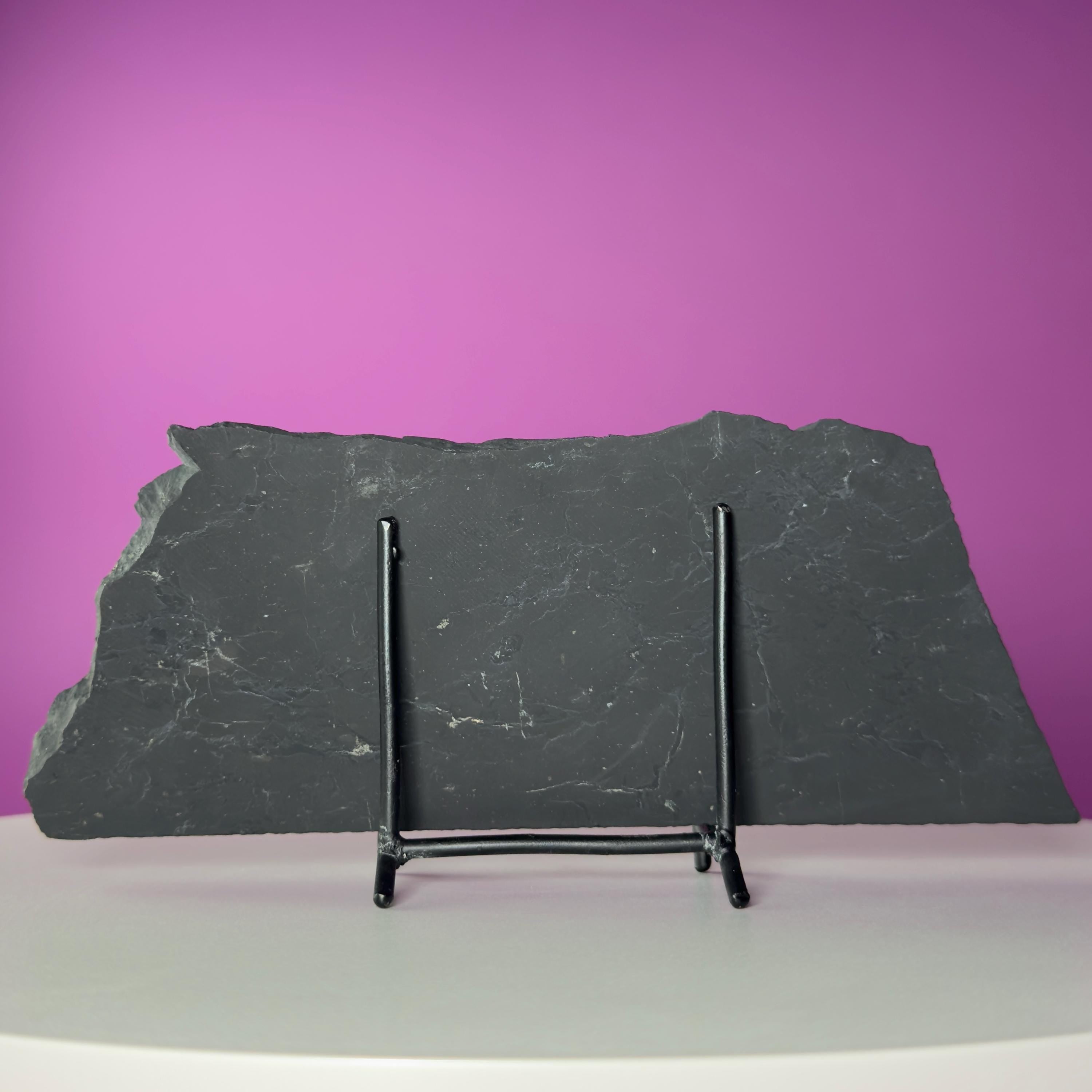 Shungite Slab with Black Metal Stand, Grounding Crystal Display Piece