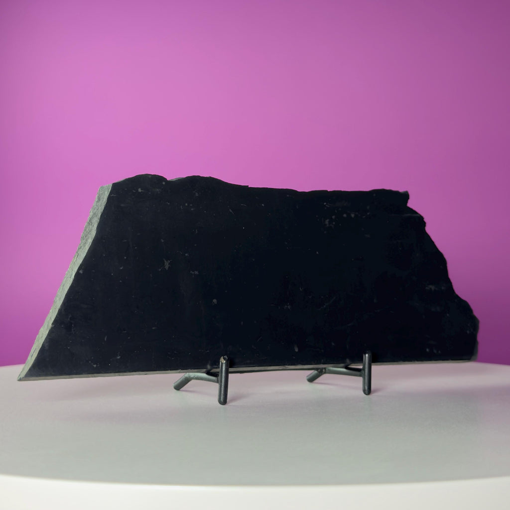 Shungite Slab with Black Metal Stand, Grounding Crystal Display Piece