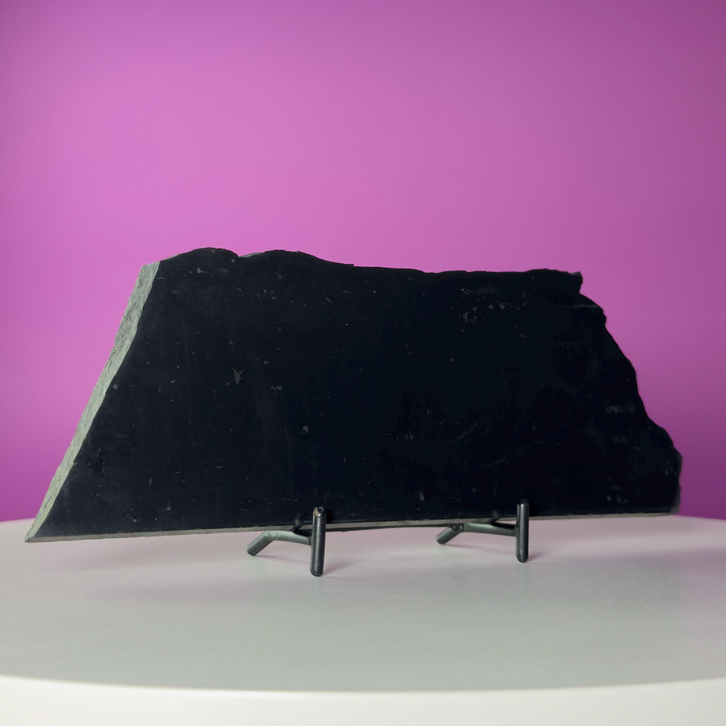 Shungite Slab with Black Metal Stand, Grounding Crystal Display Piece