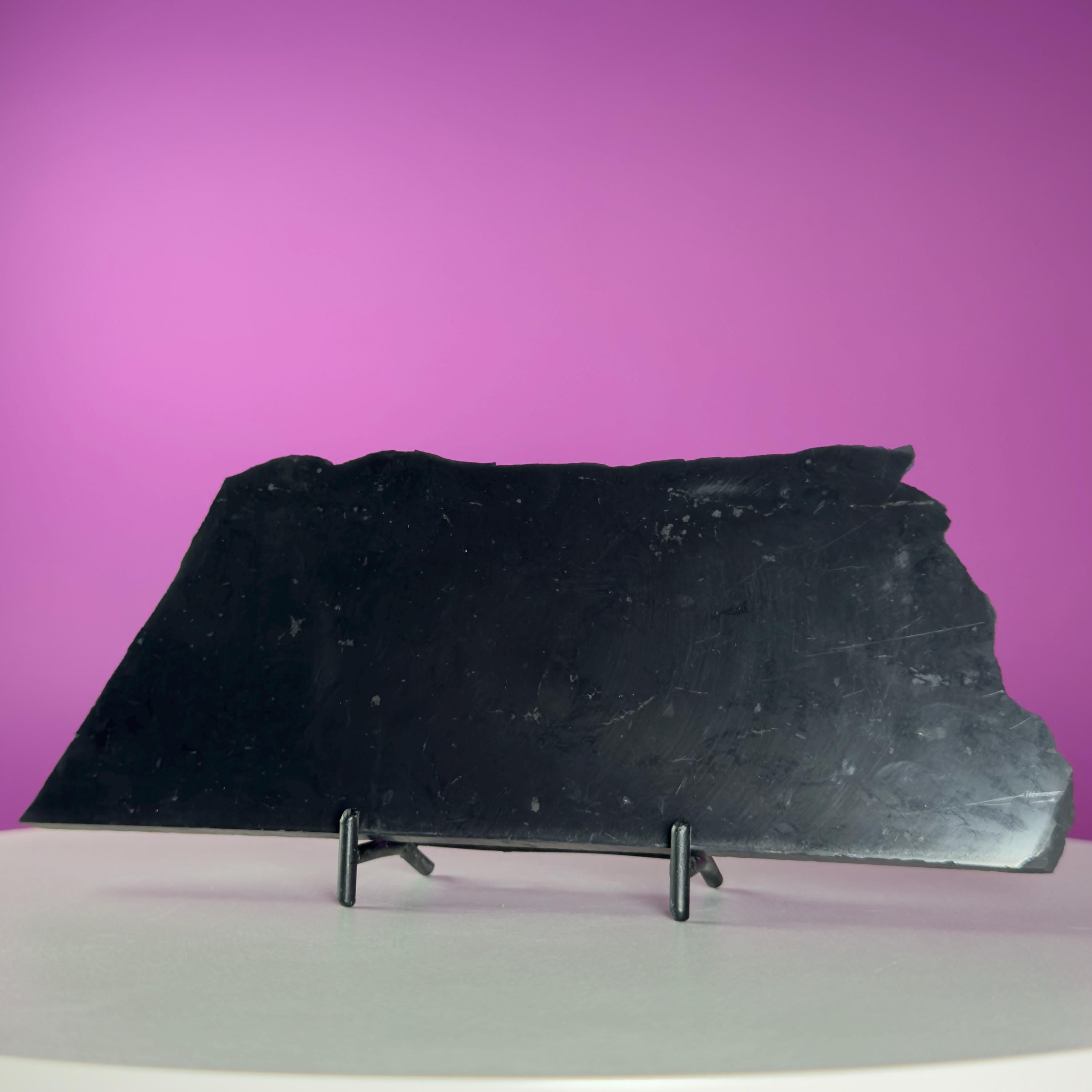 Shungite Slab with Black Metal Stand, Grounding Crystal Display Piece