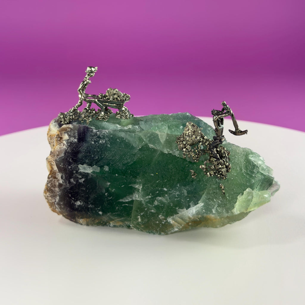 Fluorite & Pyrite Miners Sculpture | Crystal Mining Display | Collector Piece