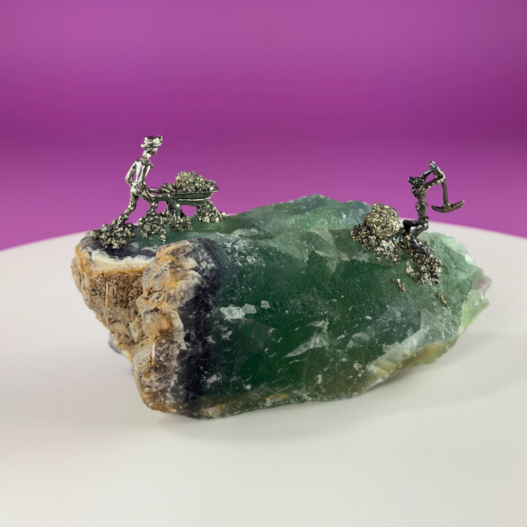 Fluorite & Pyrite Miners Sculpture | Crystal Mining Display | Collector Piece
