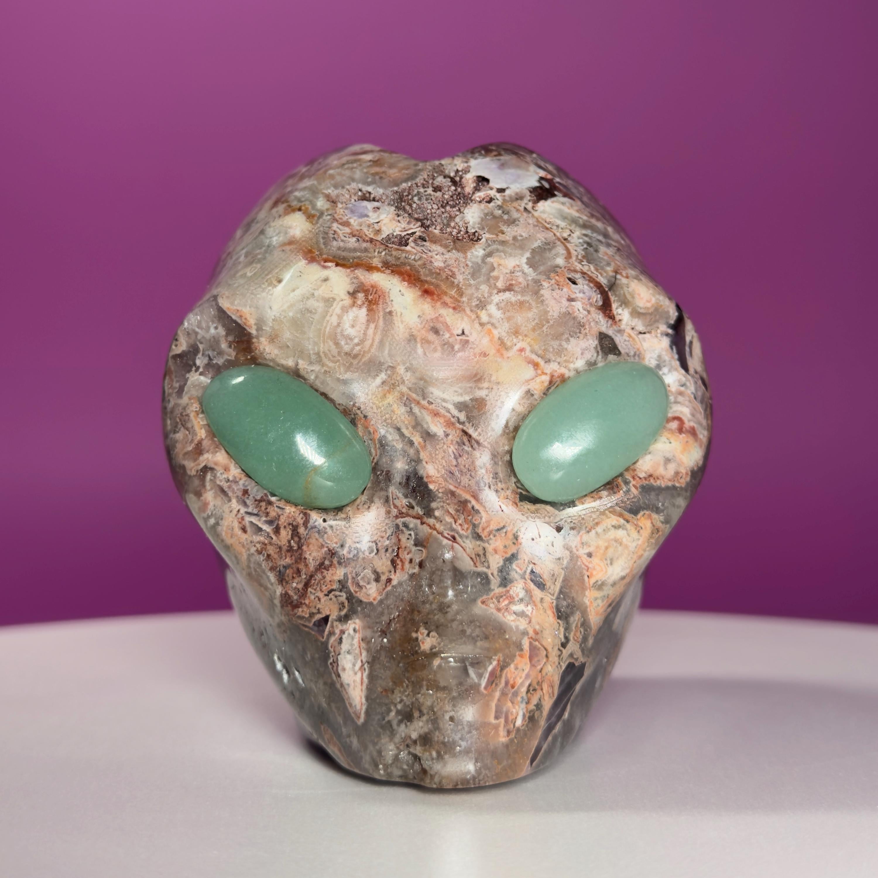 Amethyst Agate Alien Skull with Green Aventurine Eyes Crystal Carving