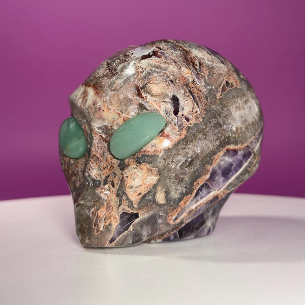 Amethyst Agate Alien Skull with Green Aventurine Eyes Crystal Carving