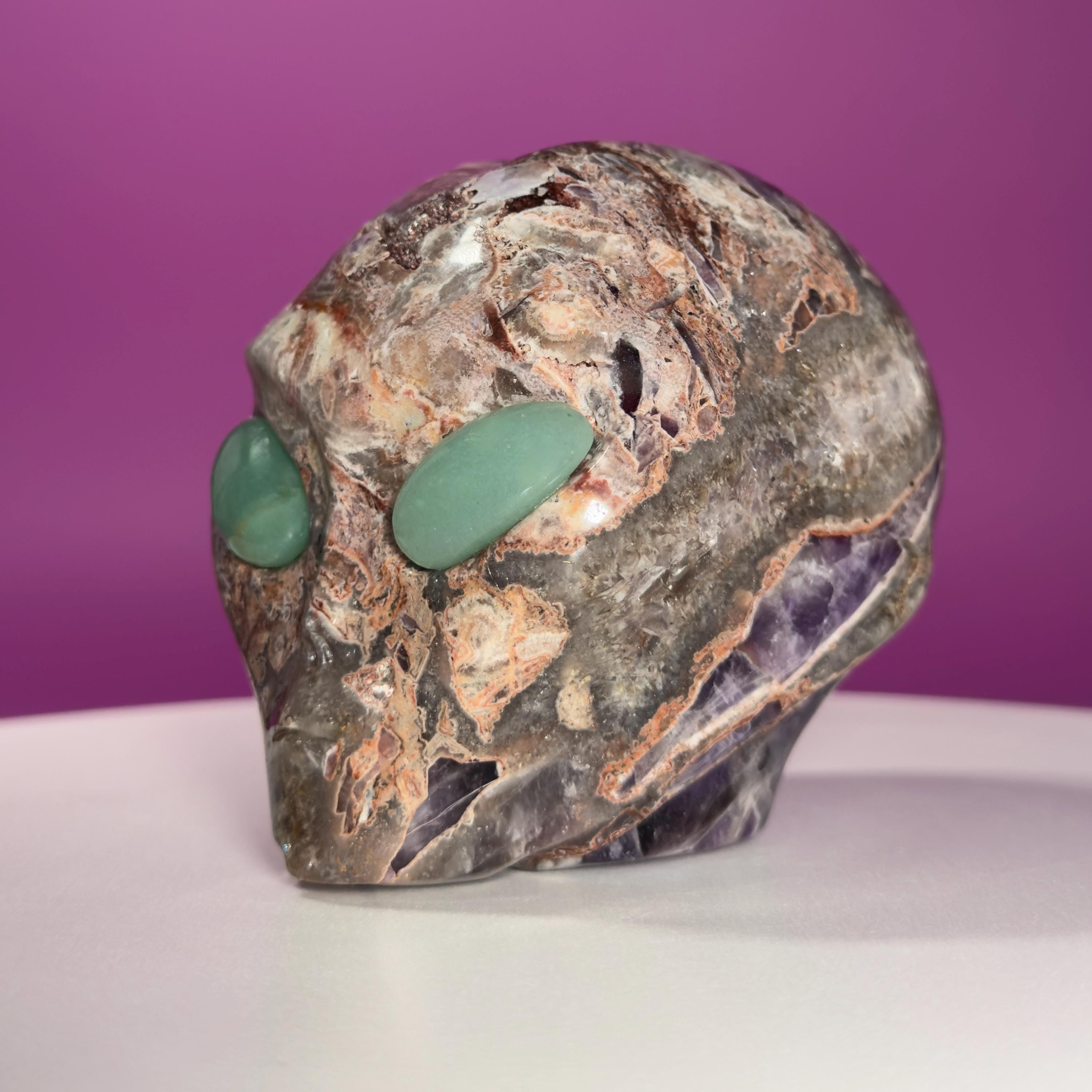 Amethyst Agate Alien Skull with Green Aventurine Eyes Crystal Carving