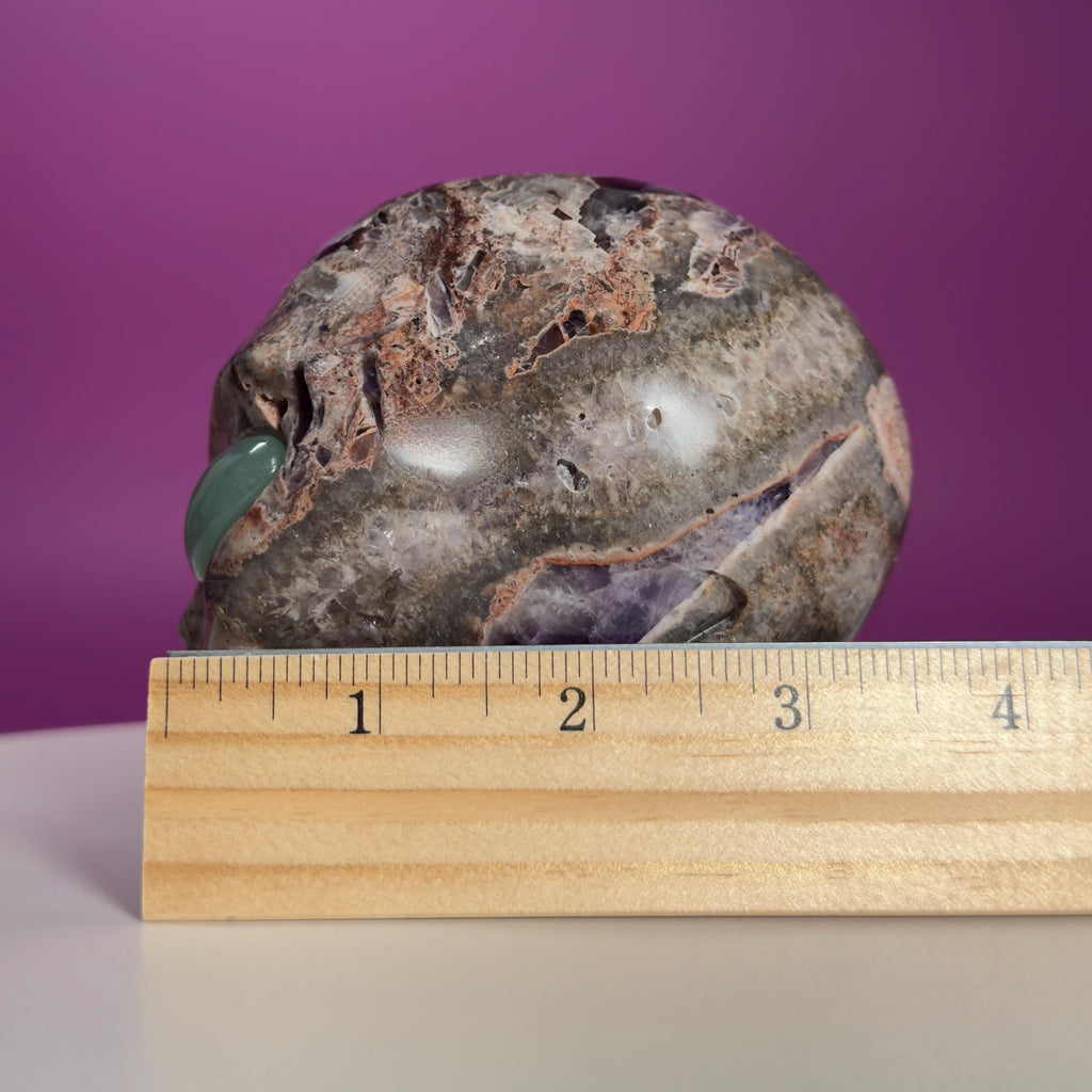 Amethyst Agate Alien Skull with Green Aventurine Eyes Crystal Carving