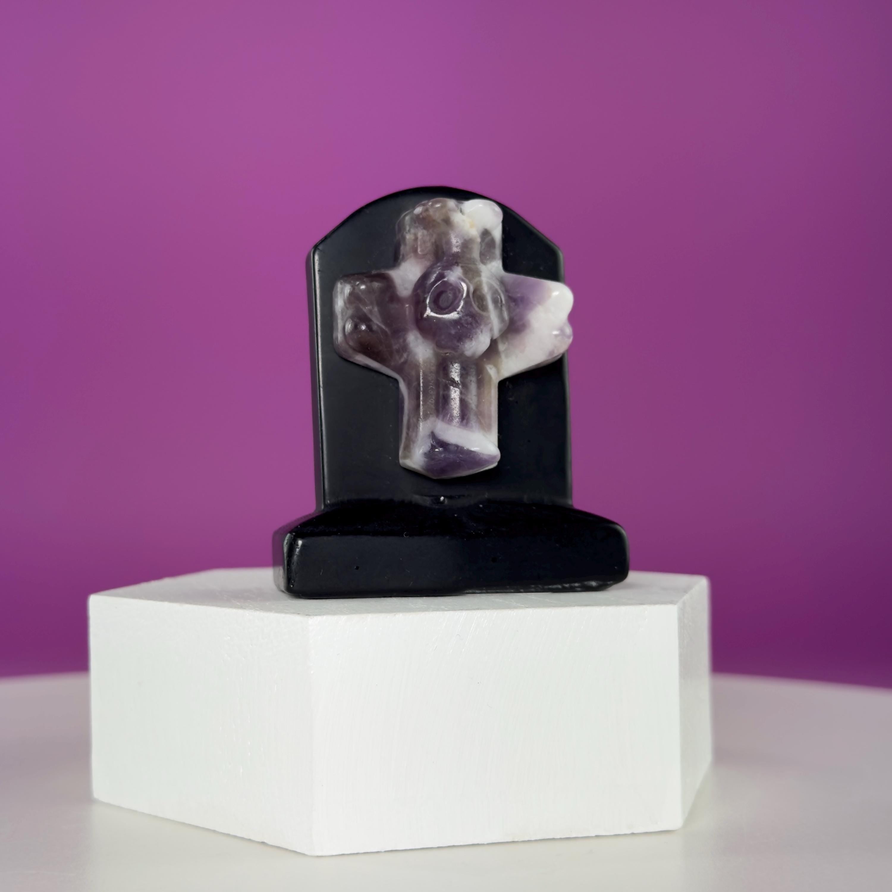 Black Obsidian Headstone with Amethyst Cross Skull Halloween Display
