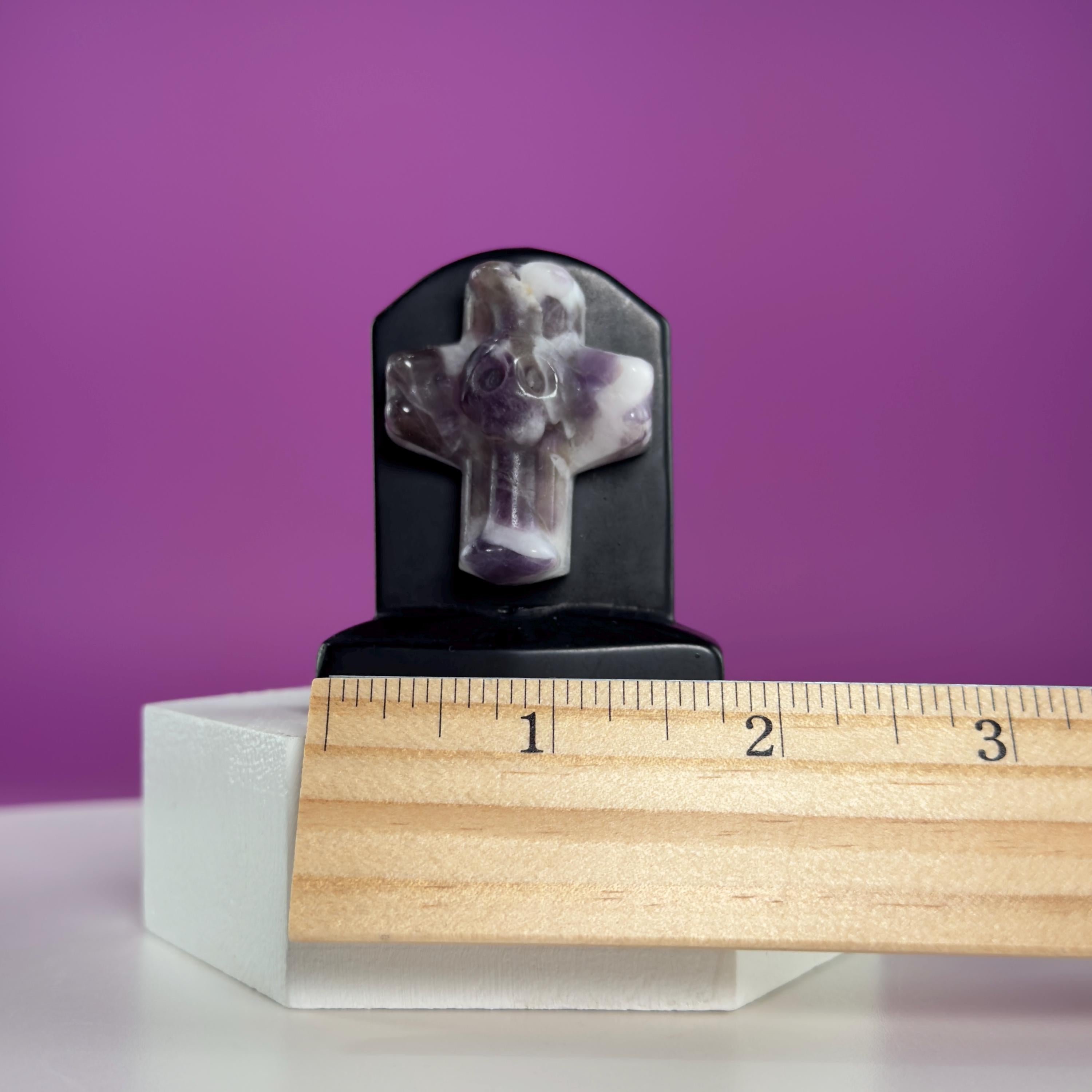 Black Obsidian Headstone with Amethyst Cross Skull Halloween Display