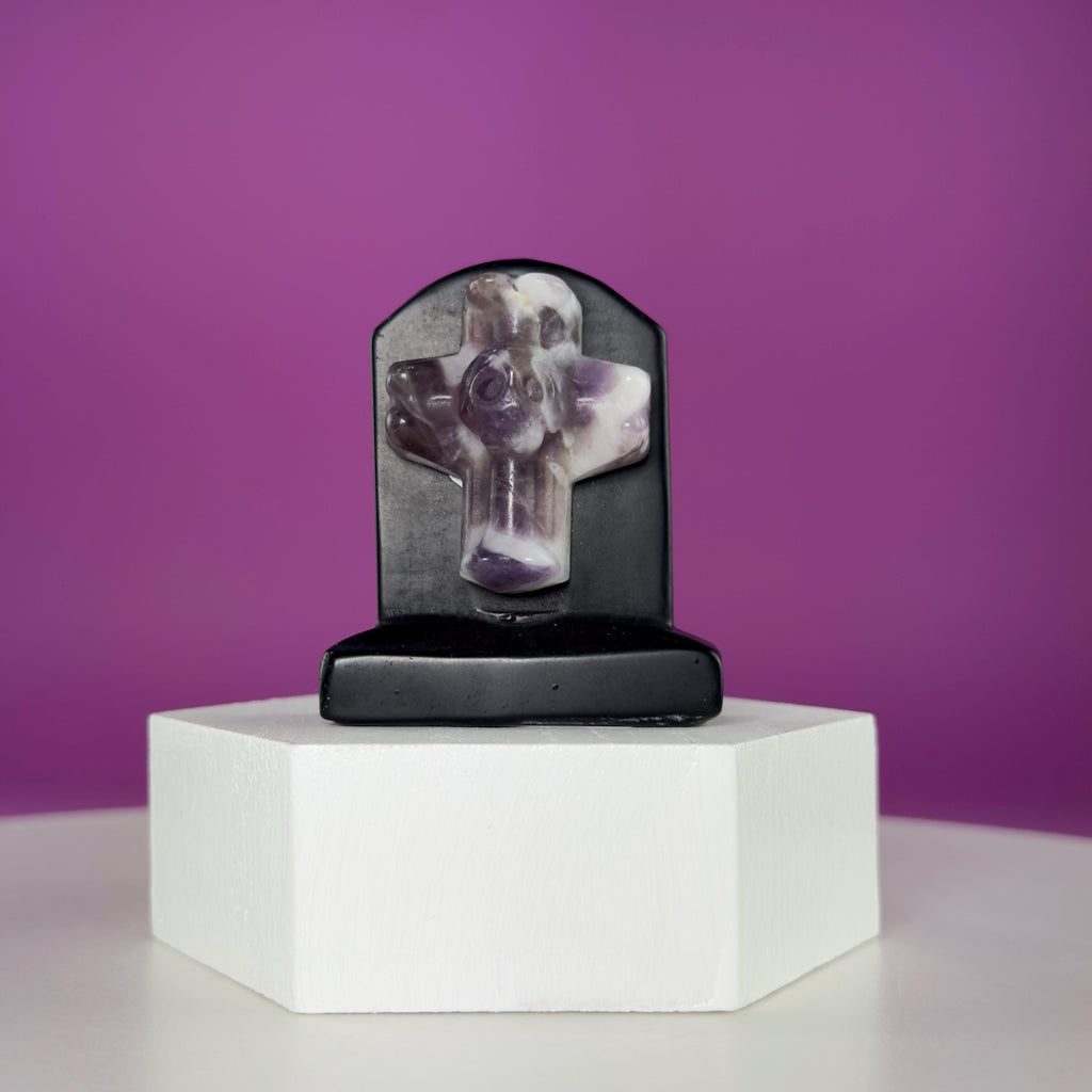Black Obsidian Headstone with Amethyst Cross Skull Halloween Display