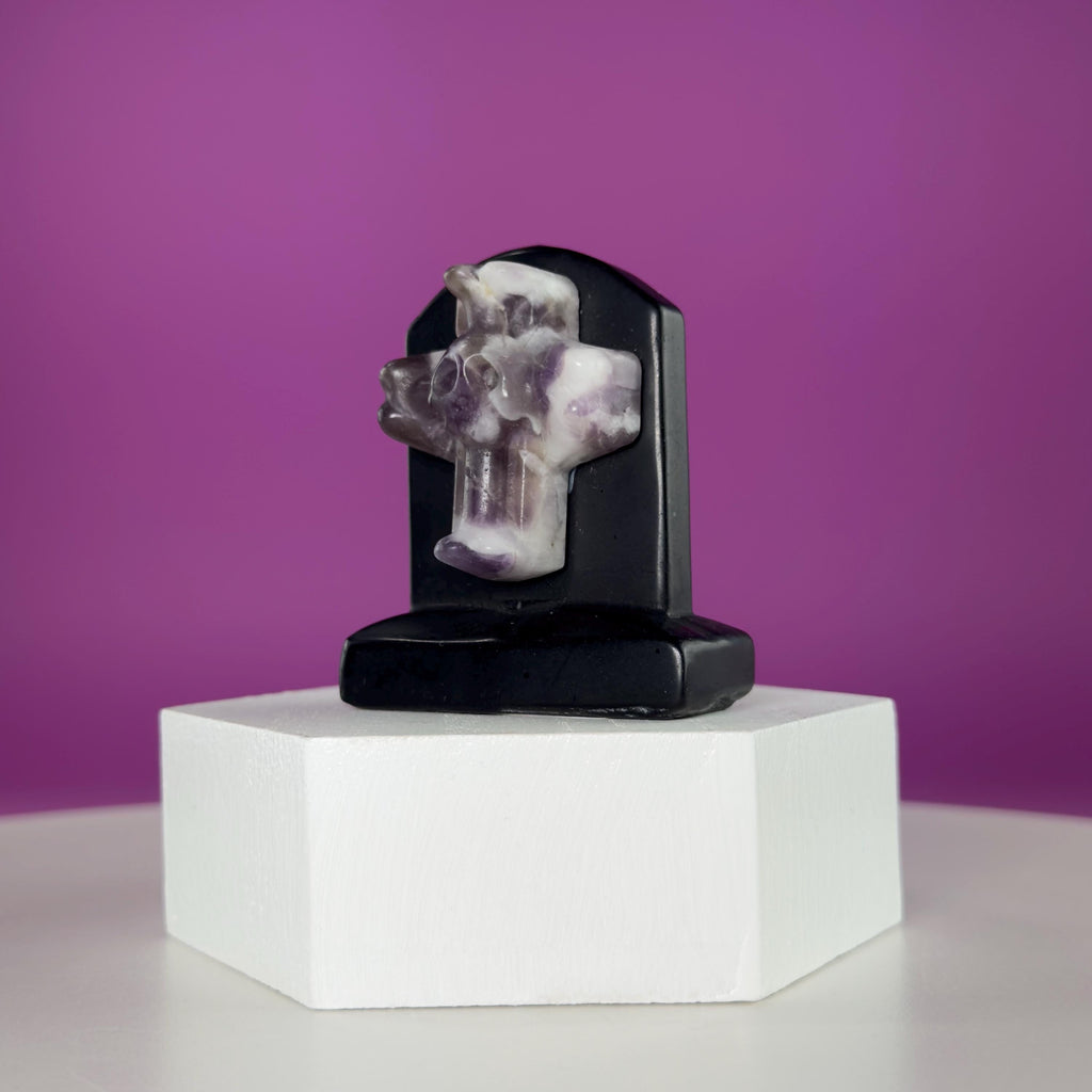 Black Obsidian Headstone with Amethyst Cross Skull Halloween Display