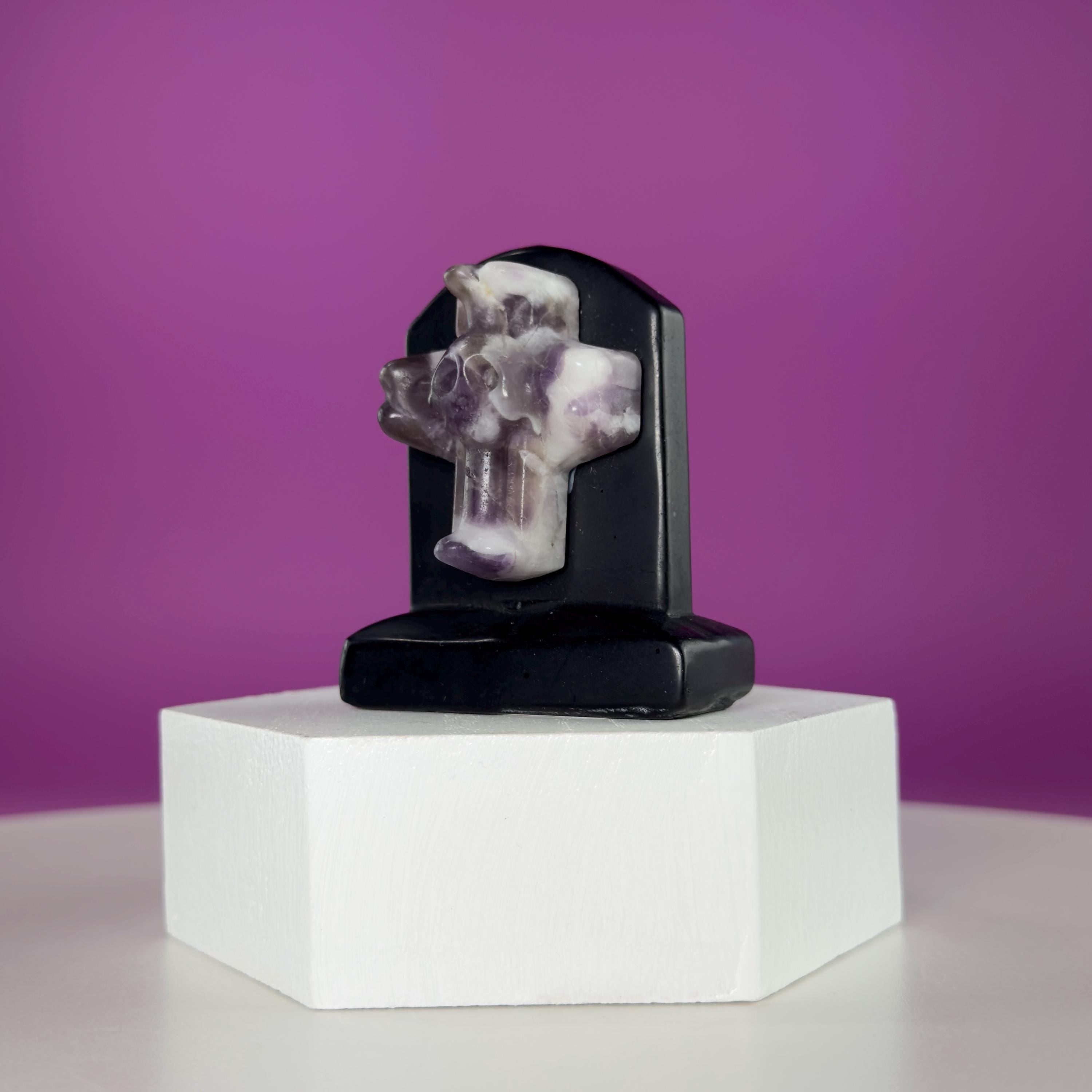 Black Obsidian Headstone with Amethyst Cross Skull Halloween Display