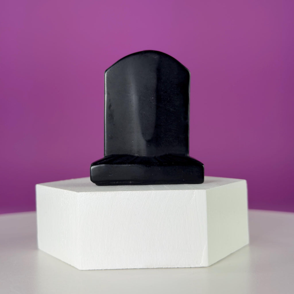 Black Obsidian Headstone with Amethyst Cross Skull Halloween Display