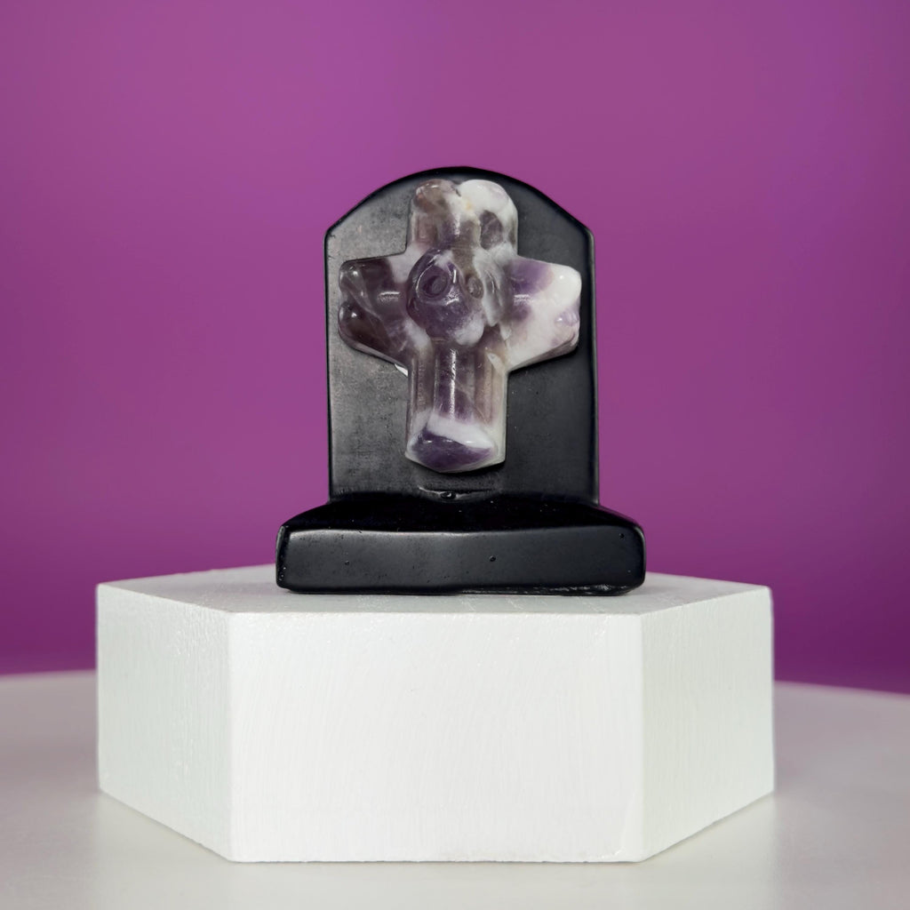 Black Obsidian Headstone with Amethyst Cross Skull Halloween Display