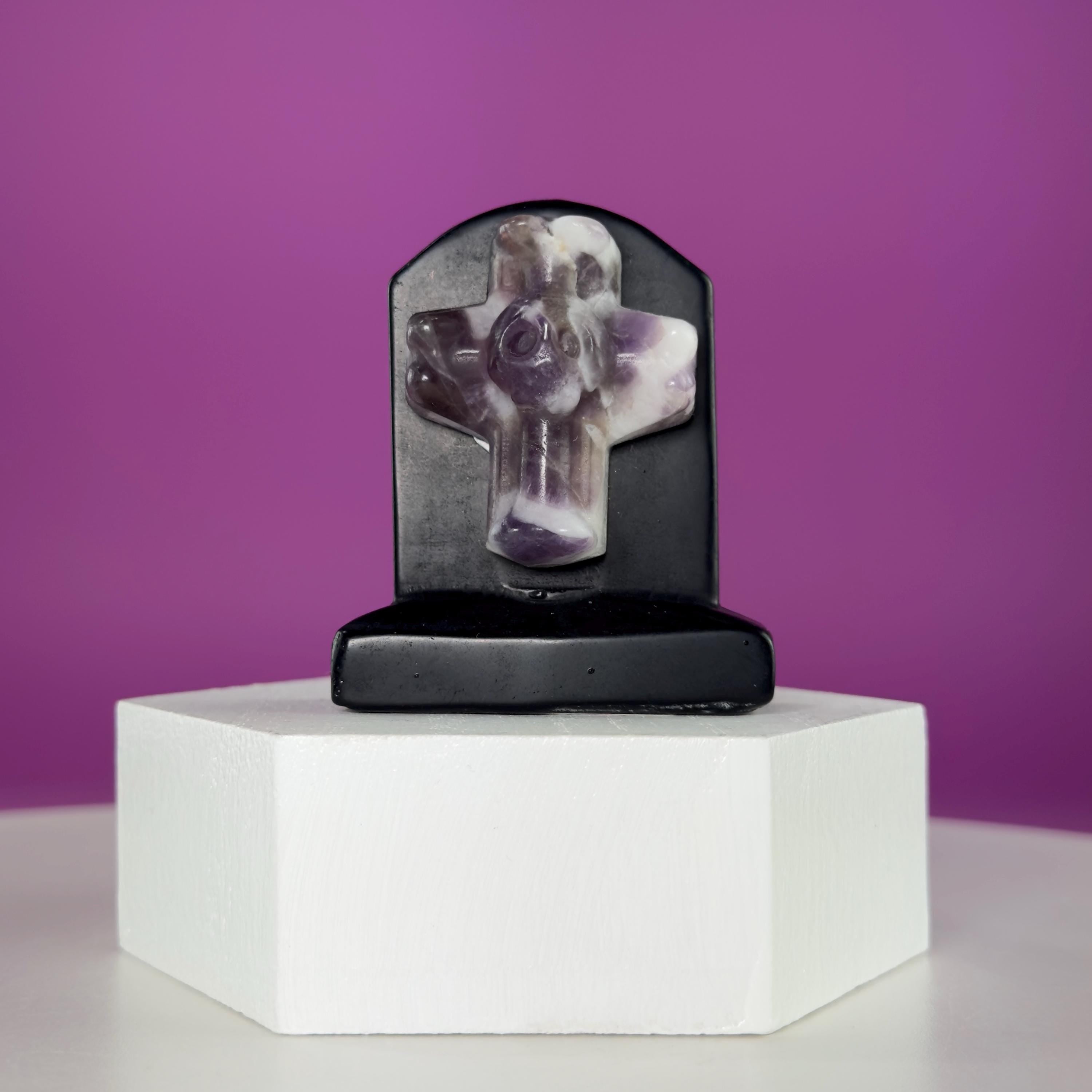 Black Obsidian Headstone with Amethyst Cross Skull Halloween Display