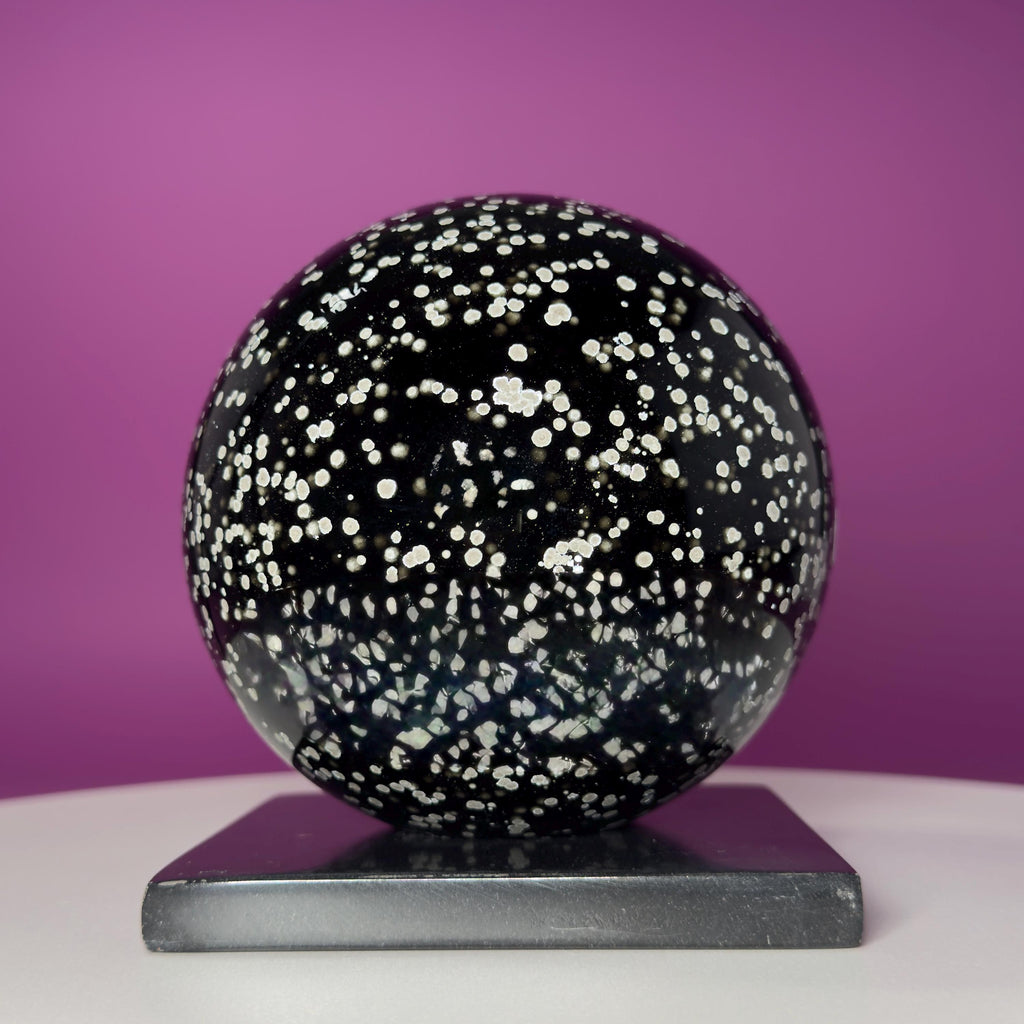 Stardust Obsidian Sphere with Black Onyx Holder Mexico