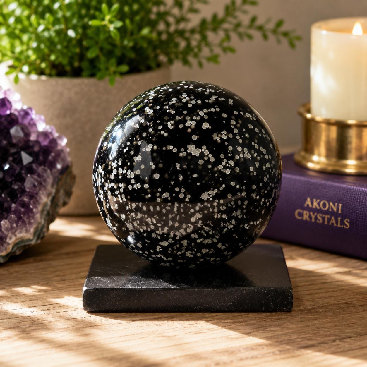 Stardust Obsidian Sphere with Black Onyx Holder Mexico