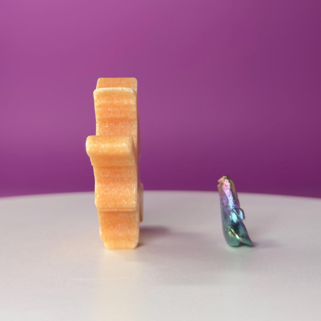 Orange Jade Witch on Broom with Aura Bismuth Witch Hat Crystal Set