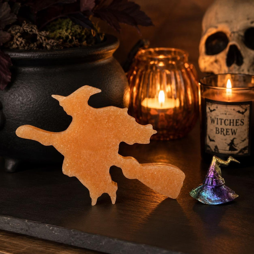 Orange Jade Witch on Broom with Aura Bismuth Witch Hat Crystal Set