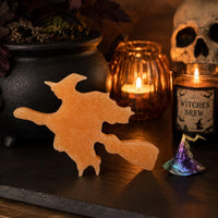 Orange Jade Witch on Broom with Aura Bismuth Witch Hat Crystal Set