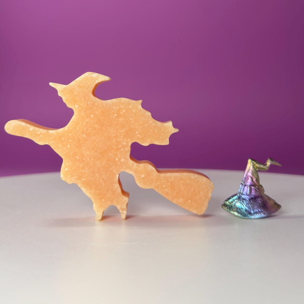 Orange Jade Witch on Broom with Aura Bismuth Witch Hat Crystal Set