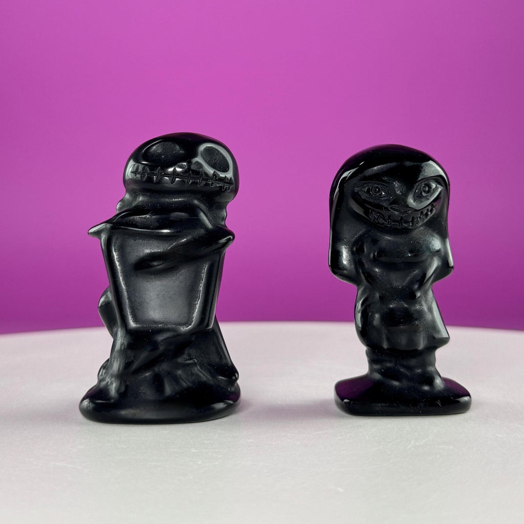 Black Obsidian Jack and Sally Carving Bundle, Halloween Crystal Pair