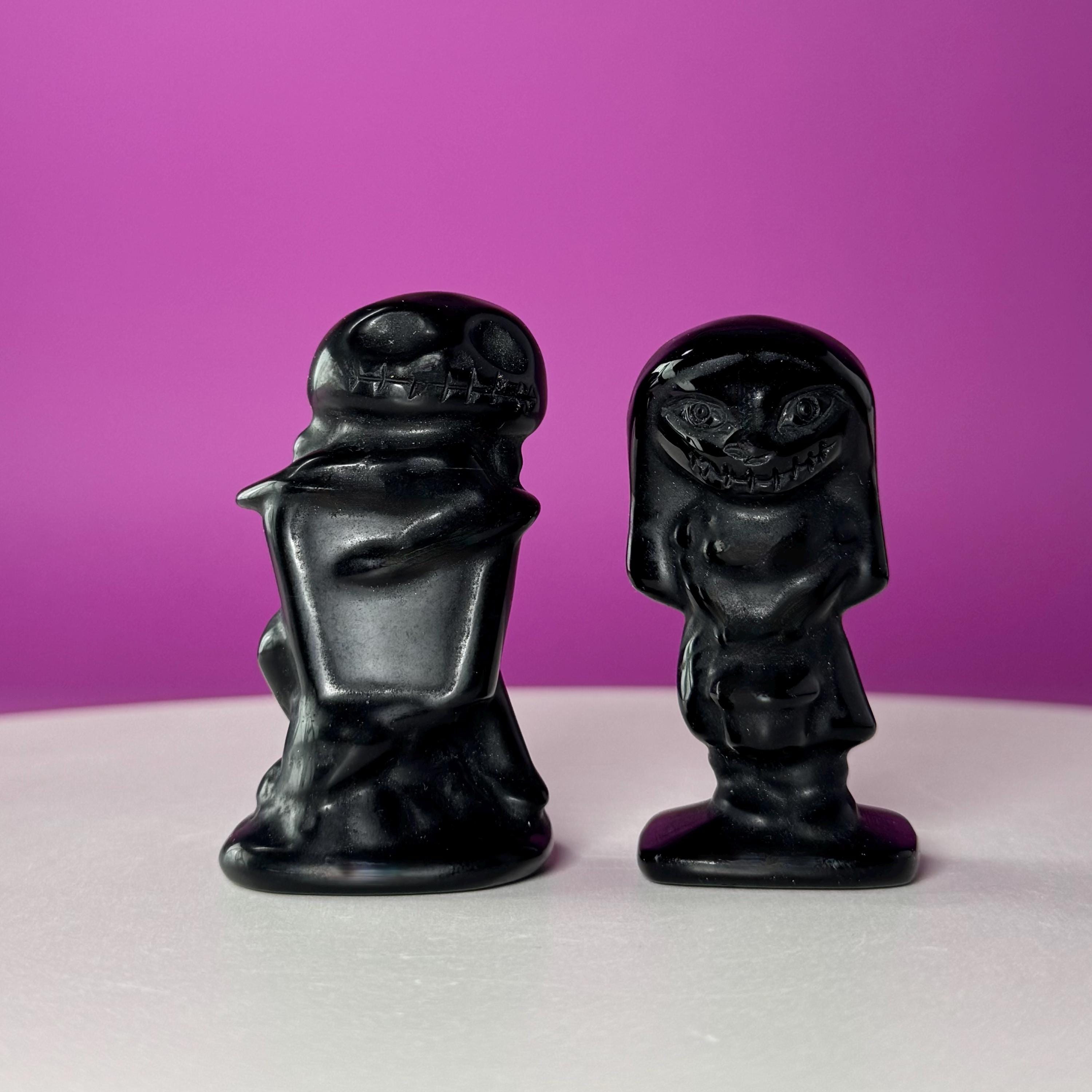 Black Obsidian Jack and Sally Carving Bundle, Halloween Crystal Pair
