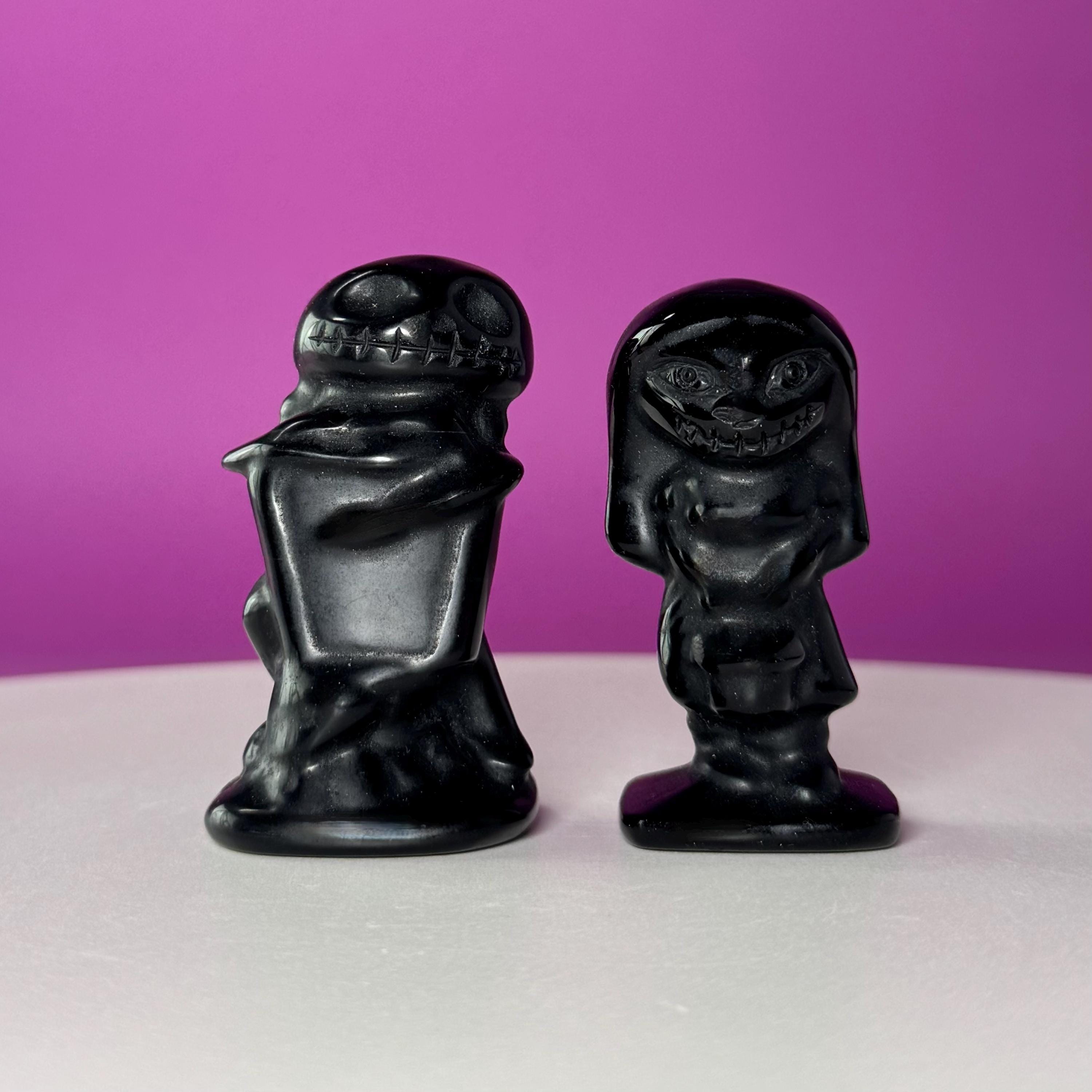 Black Obsidian Jack and Sally Carving Bundle, Halloween Crystal Pair