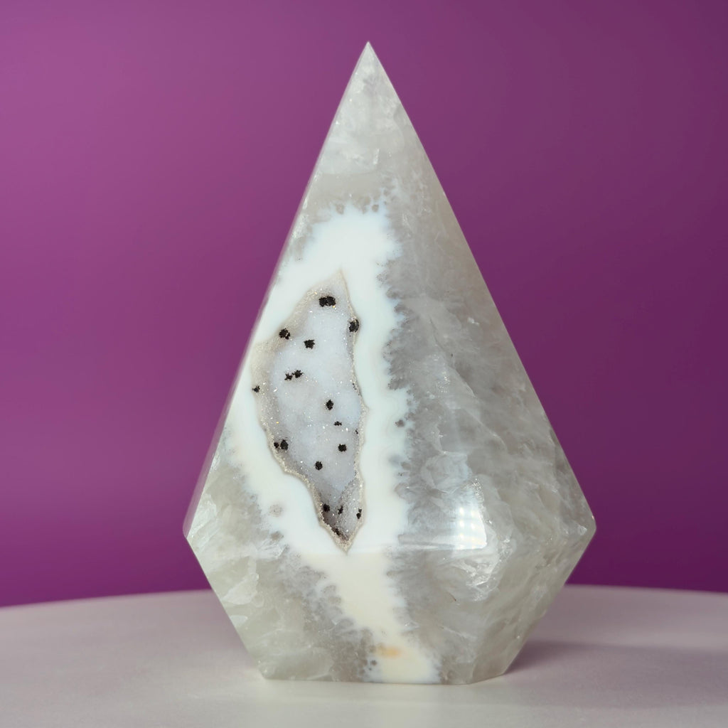 Brazilian Agate Diamond with Sugar Druzy Crystal Free Form Display