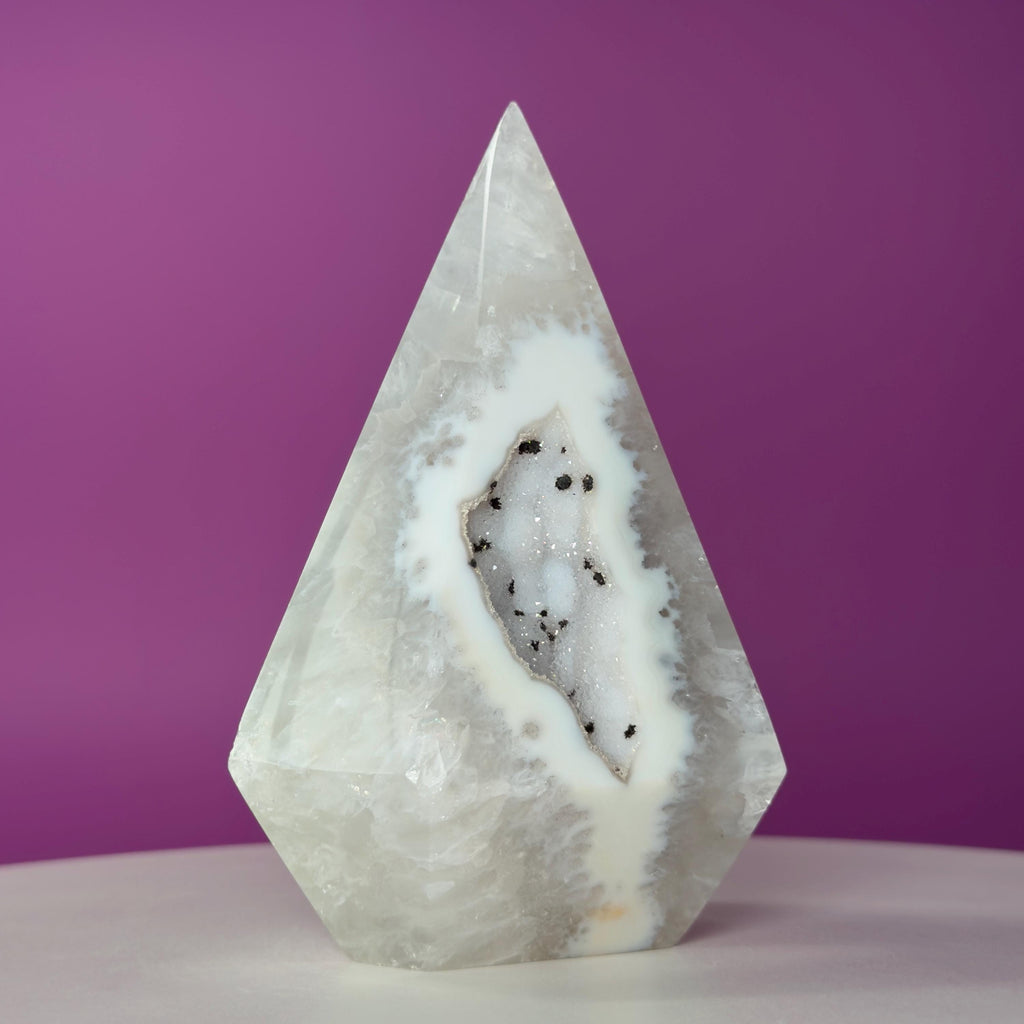 Brazilian Agate Diamond with Sugar Druzy Crystal Free Form Display