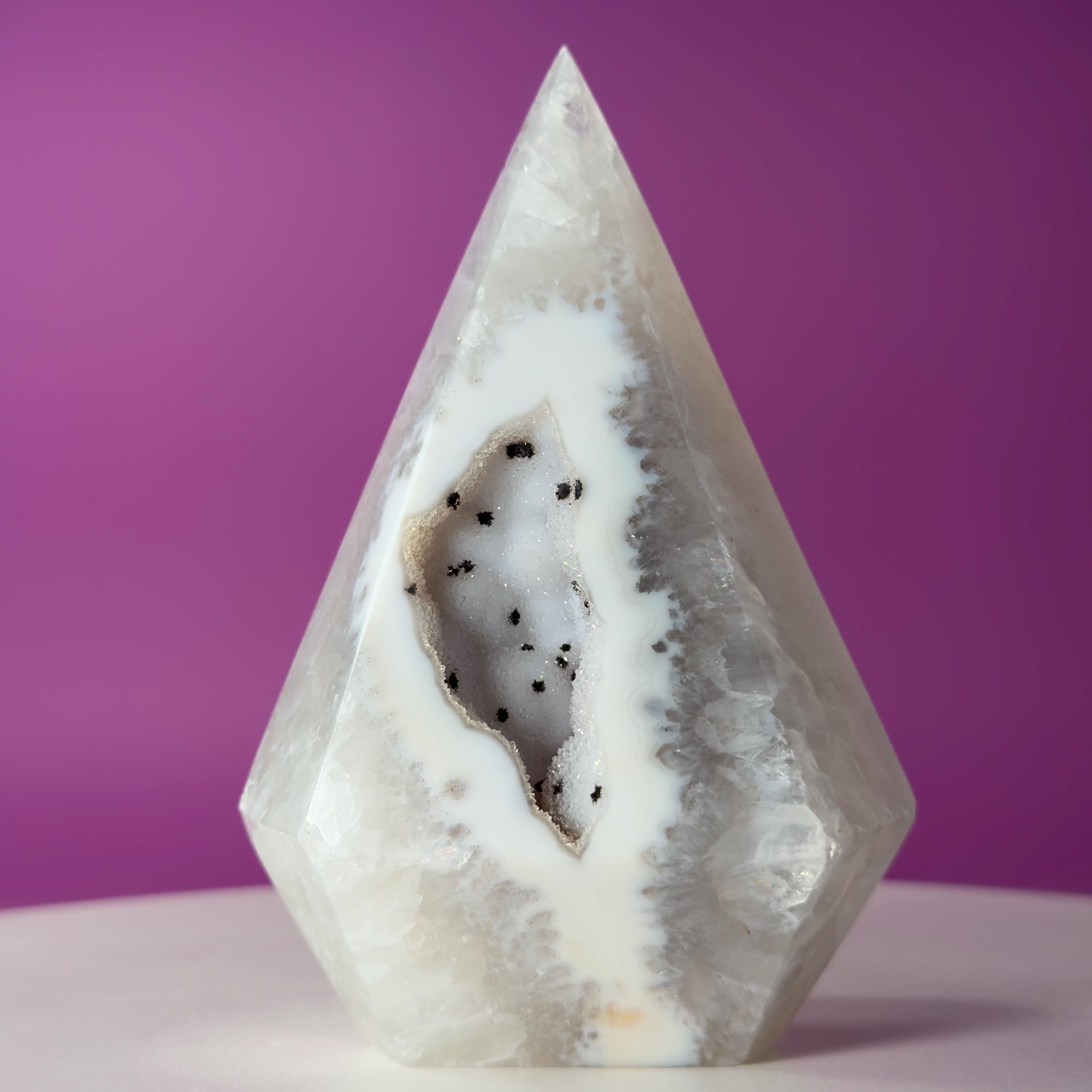 Brazilian Agate Diamond with Sugar Druzy Crystal Free Form Display